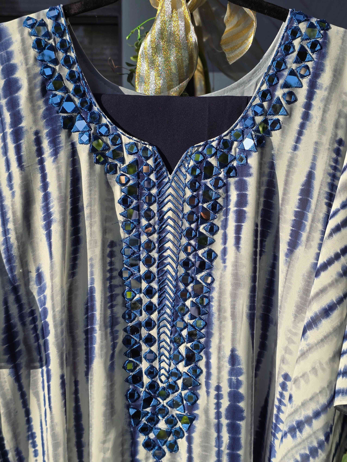 Batik Print and Mirror Embroidery Georgette Kaftan Set with Inner and Pant