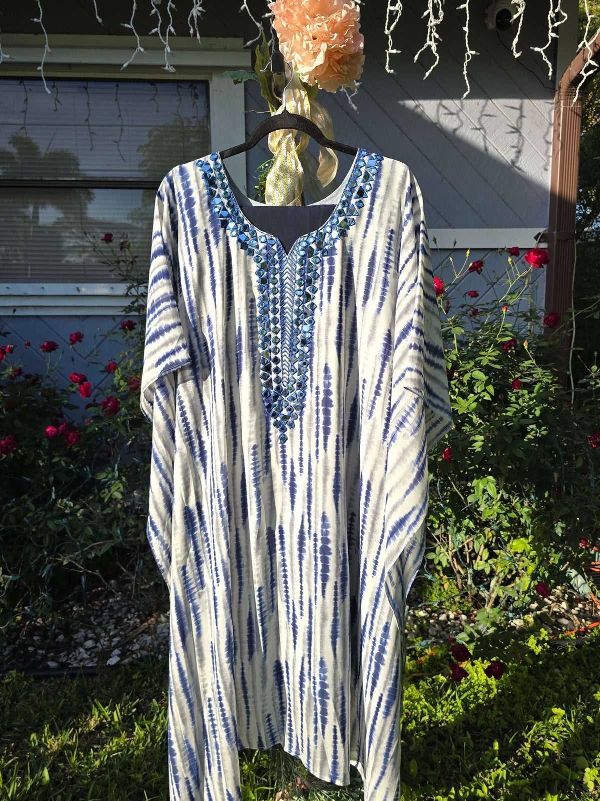 Batik Print and Mirror Embroidery Georgette Kaftan Set with Inner and Pant