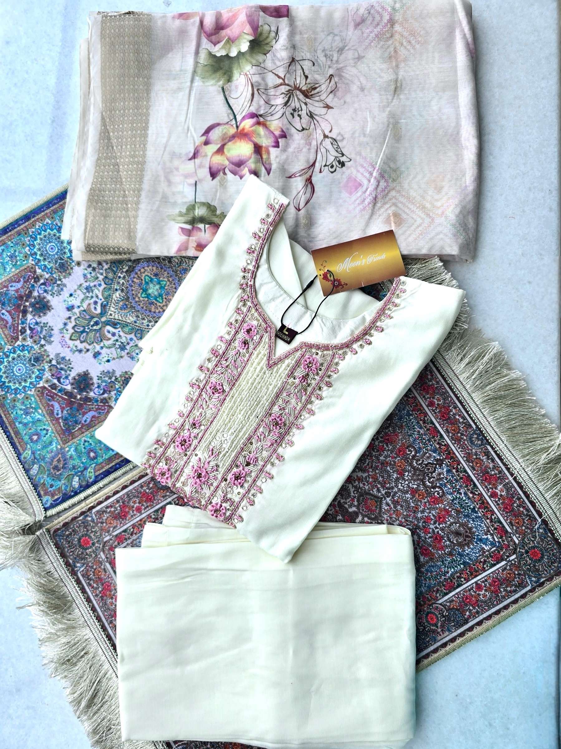 Beadwork and Sequin Work Cream Silk Salwar Kameez Set