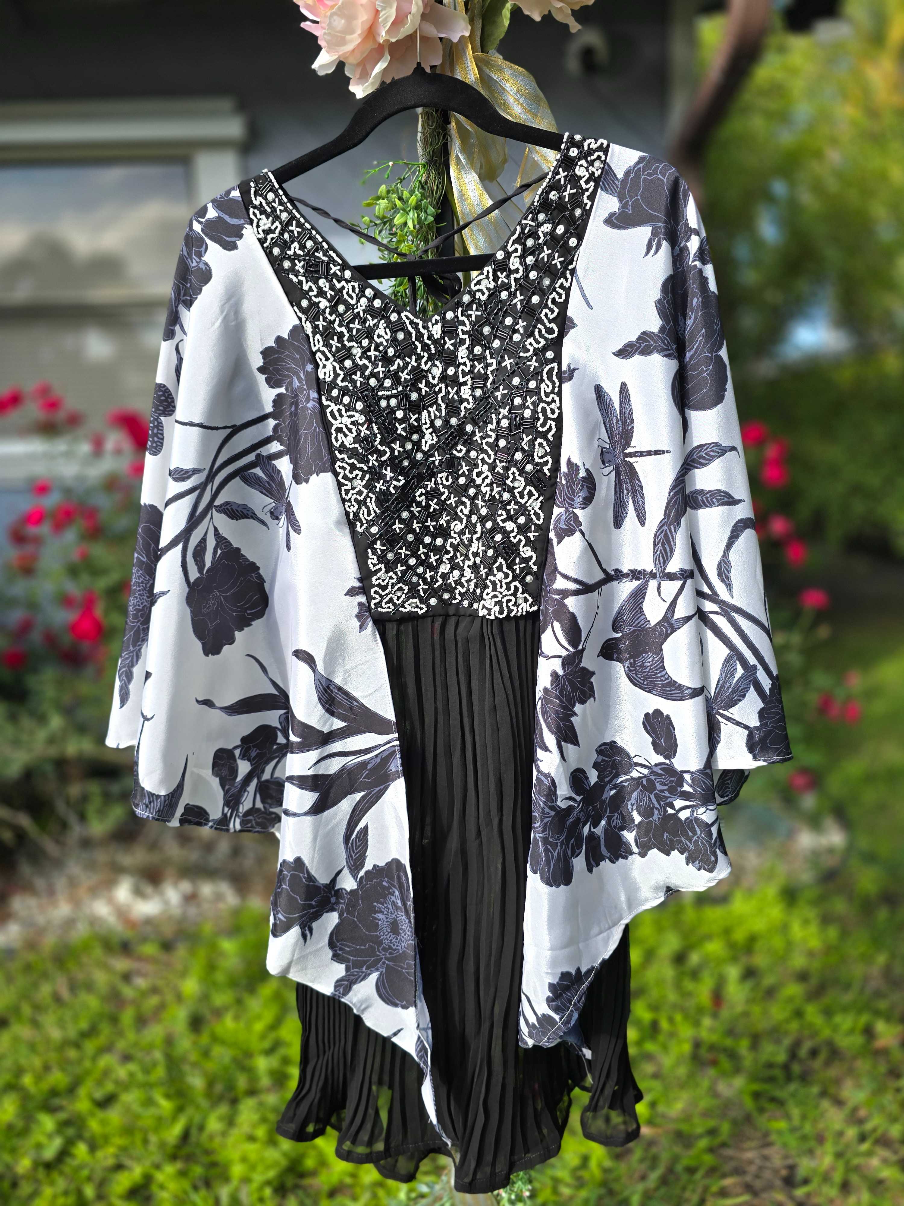 Black and White Silk Co Ords Set with Beadwork