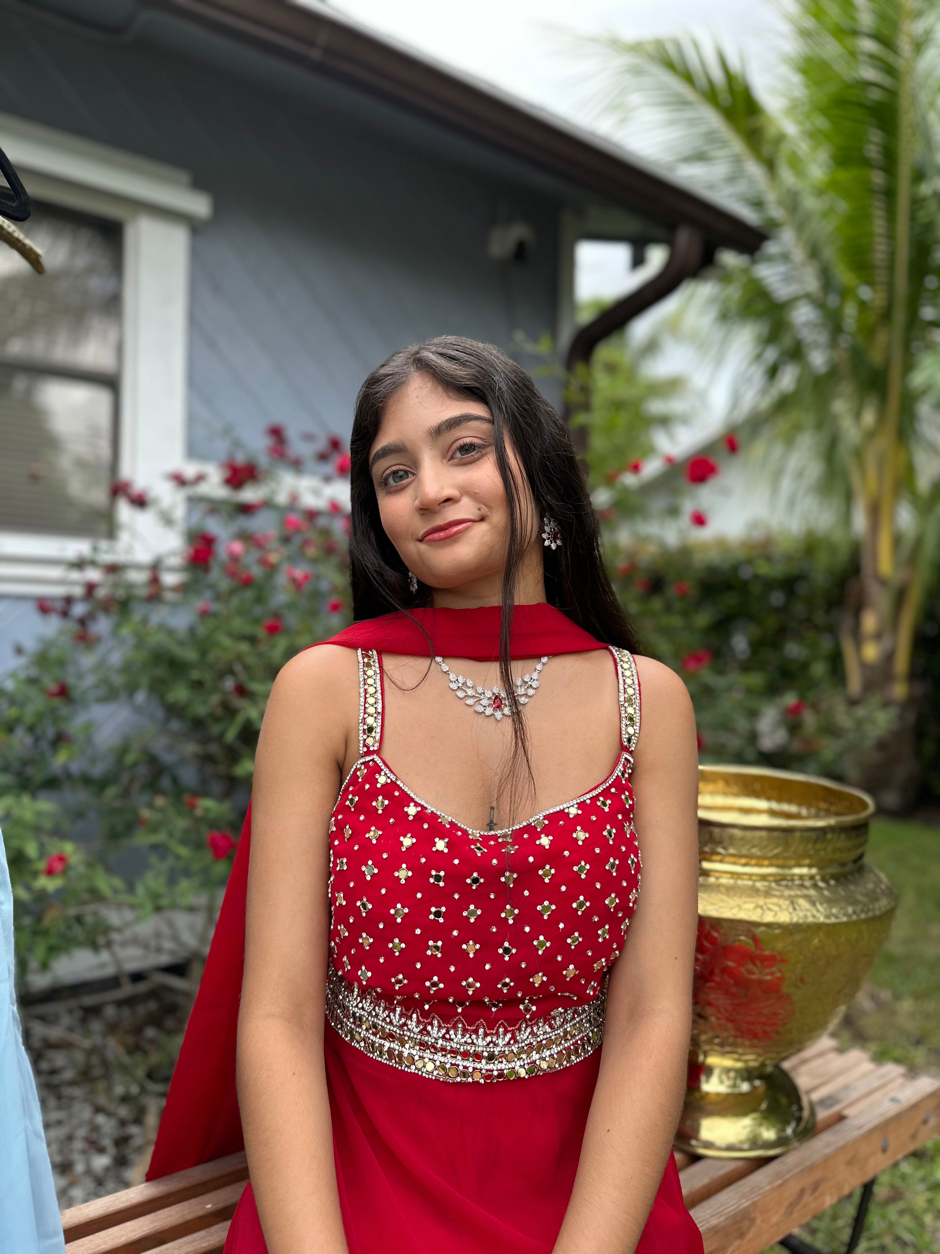 Bollywood Style Mirror and Stonework Georgette Long Dress with Duppatta and Flared Pants