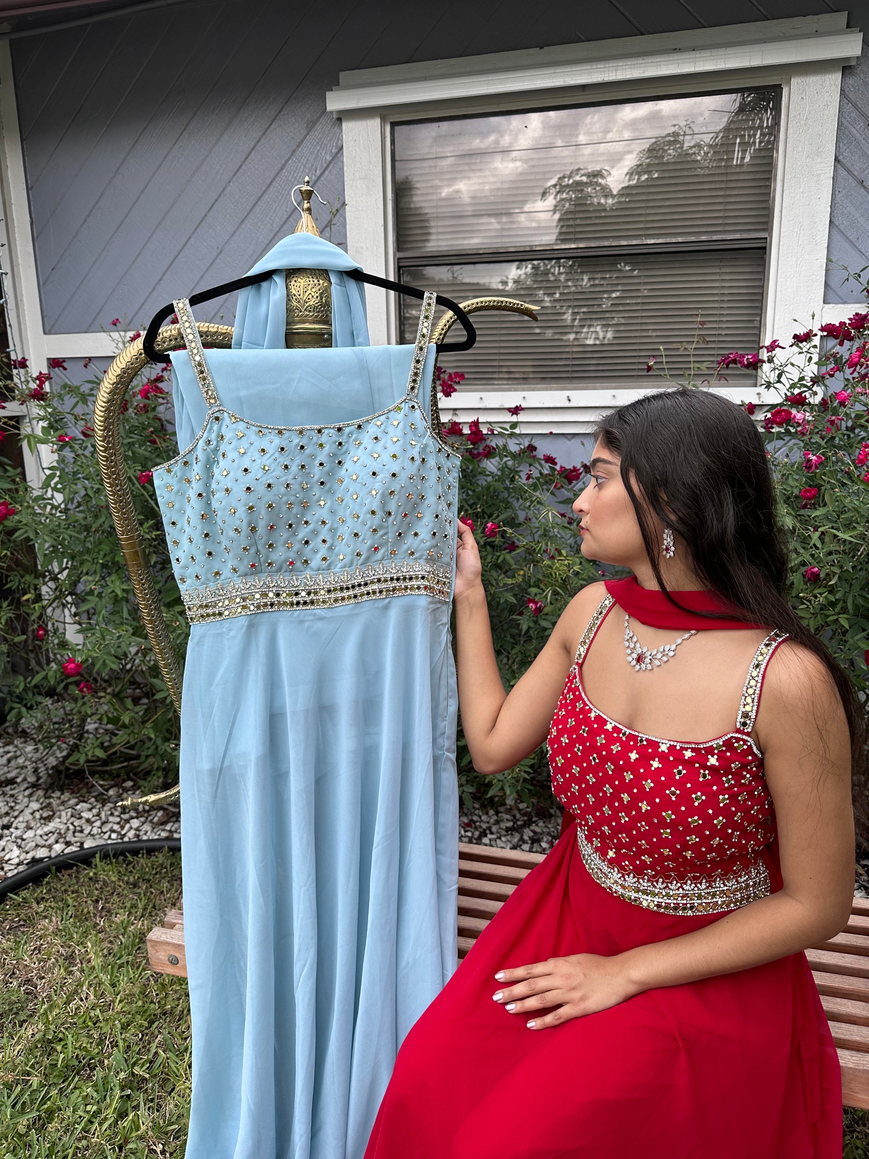 Bollywood Style Mirror and Stonework Georgette Long Dress with Duppatta and Flared Pants