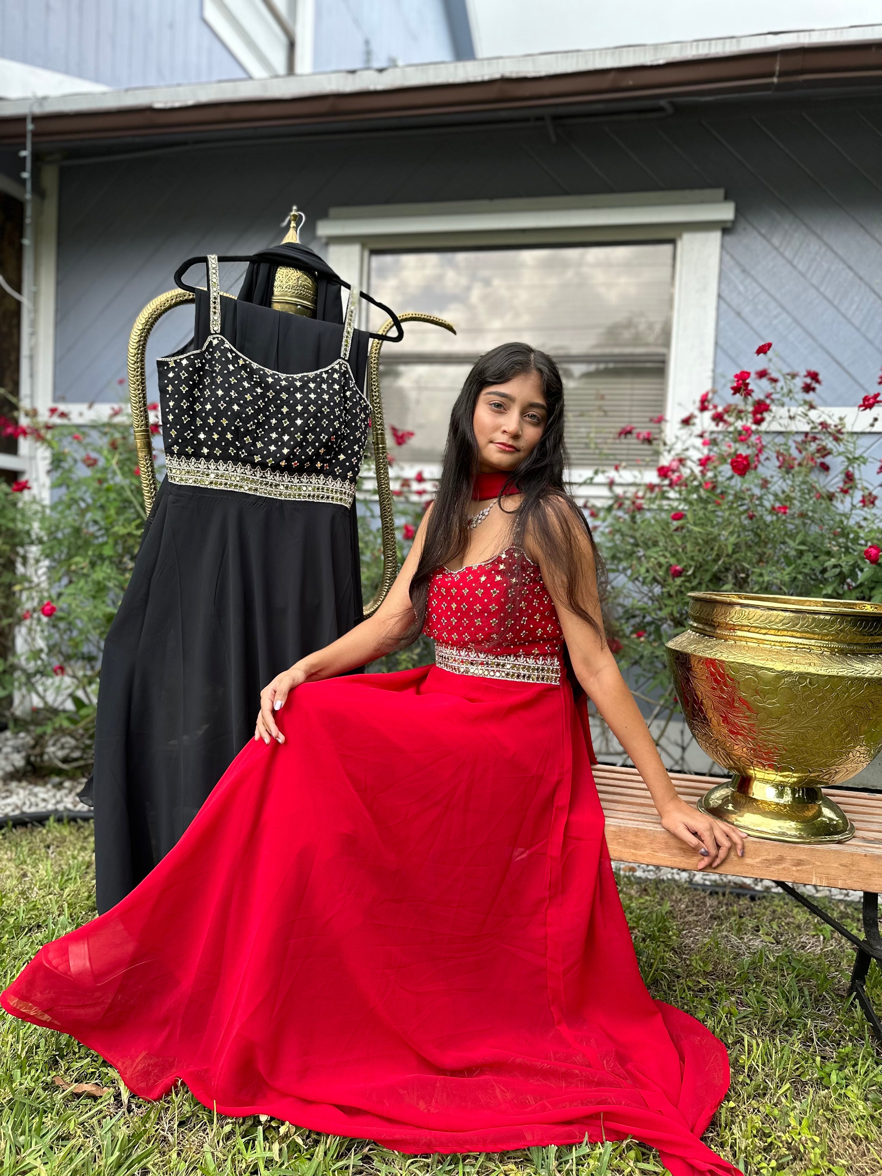 Bollywood Style Mirror and Stonework Georgette Long Dress with Duppatta and Flared Pants