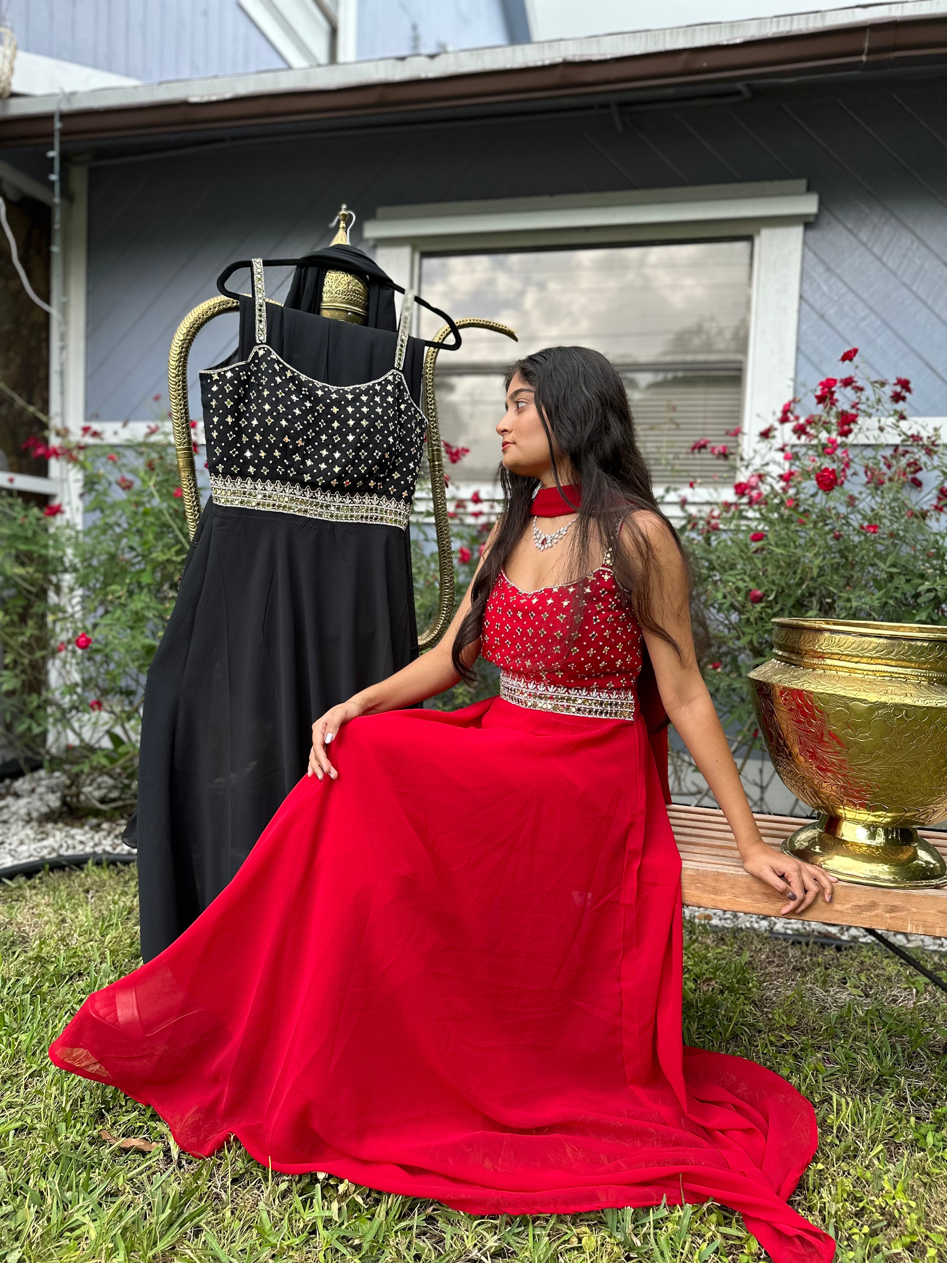 Bollywood Style Mirror and Stonework Georgette Long Dress with Duppatta and Flared Pants