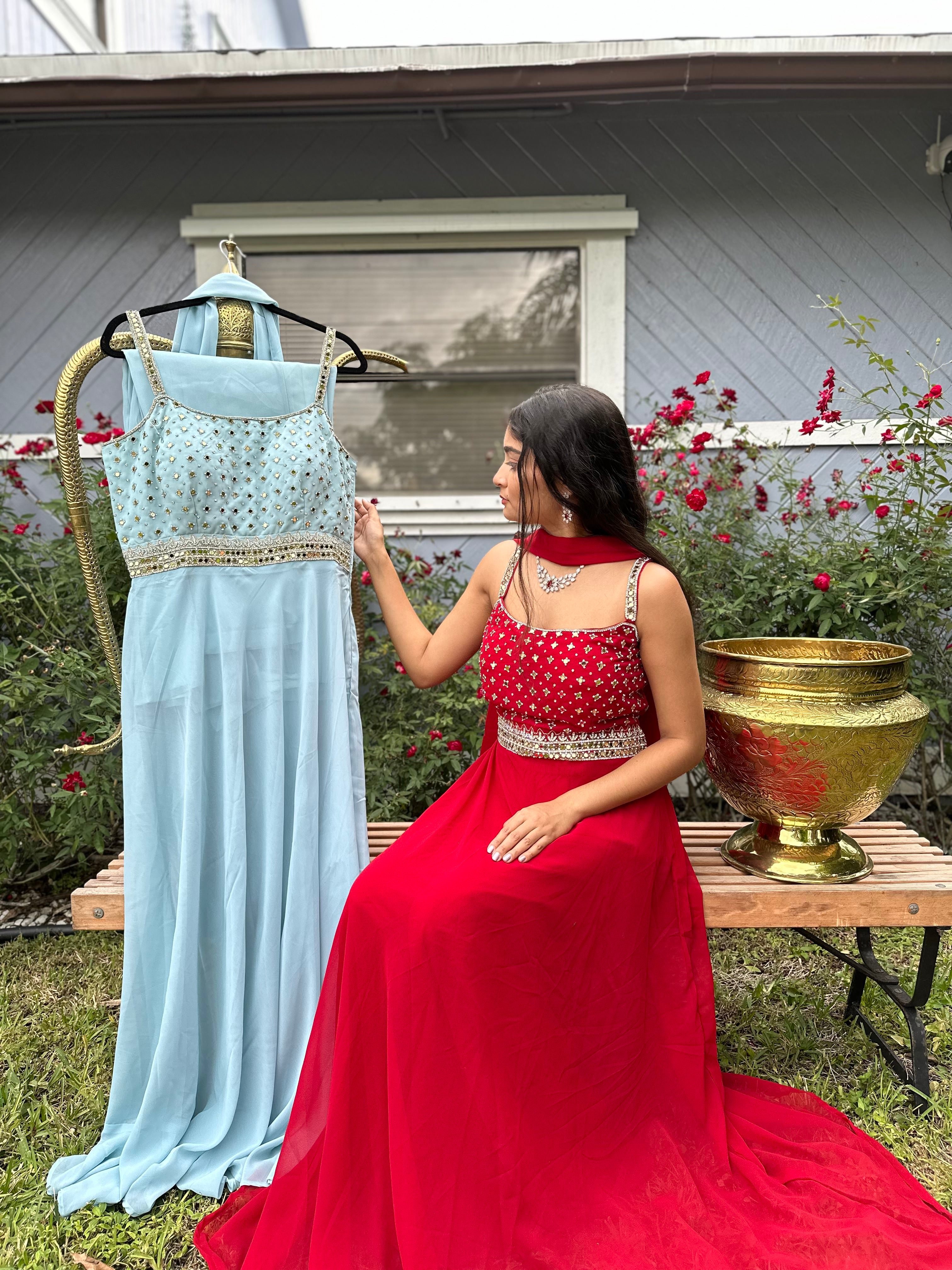 Bollywood Style Mirror and Stonework Georgette Long Dress with Duppatta and Flared Pants