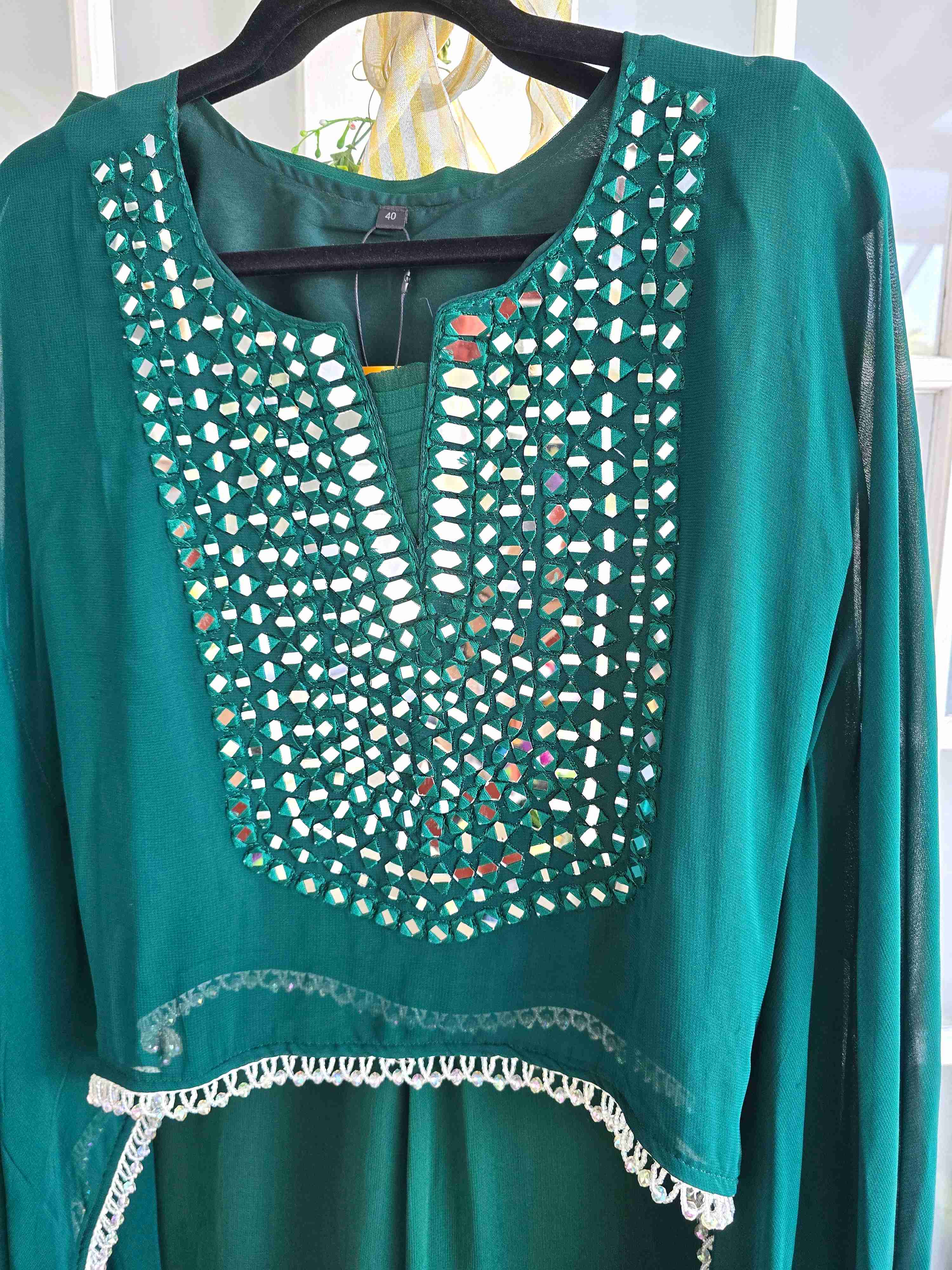 Bottle Green Mirror Embroidery Work Chiffon Co Ords Set