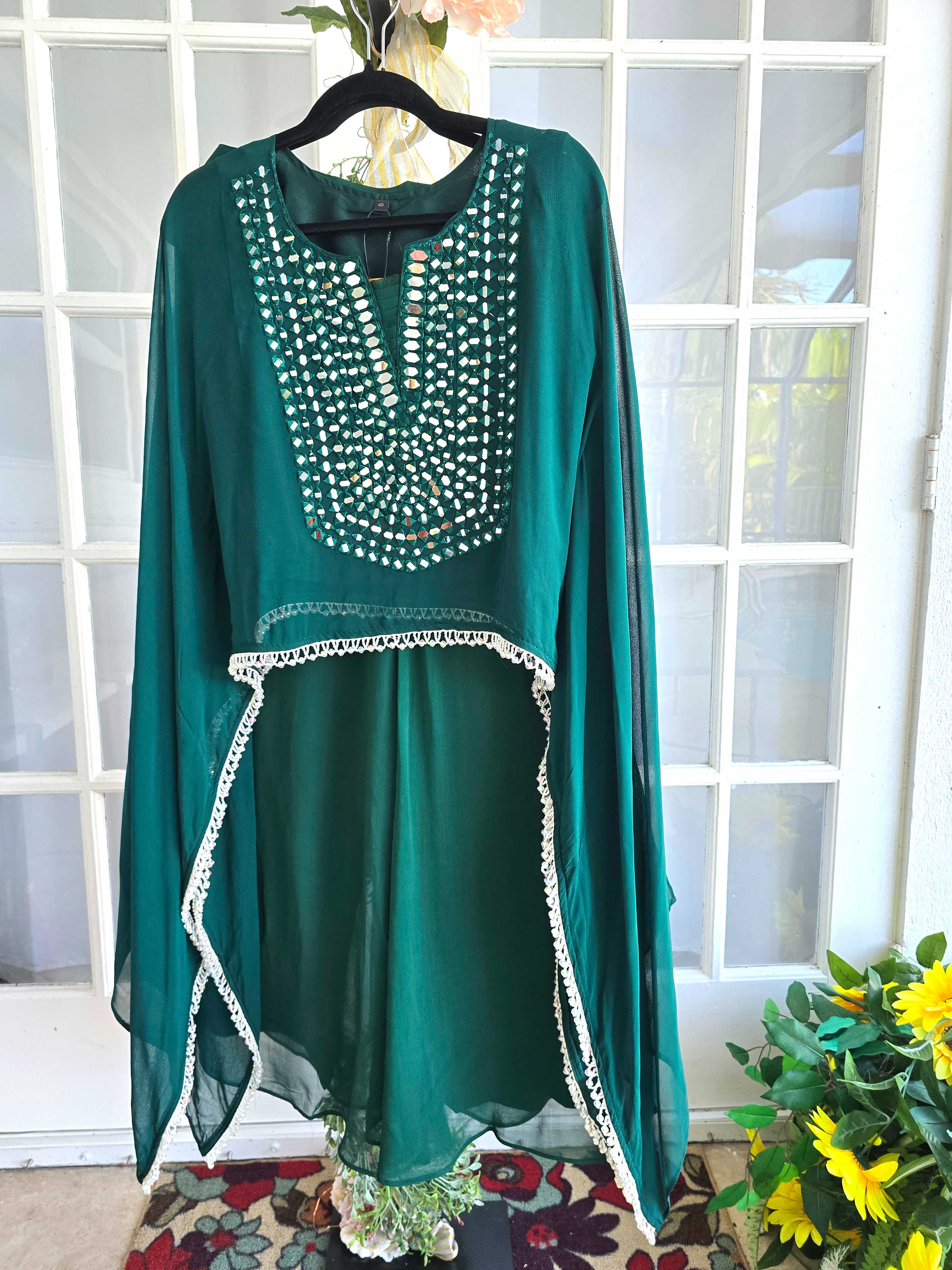 Bottle Green Mirror Embroidery Work Chiffon Co Ords Set