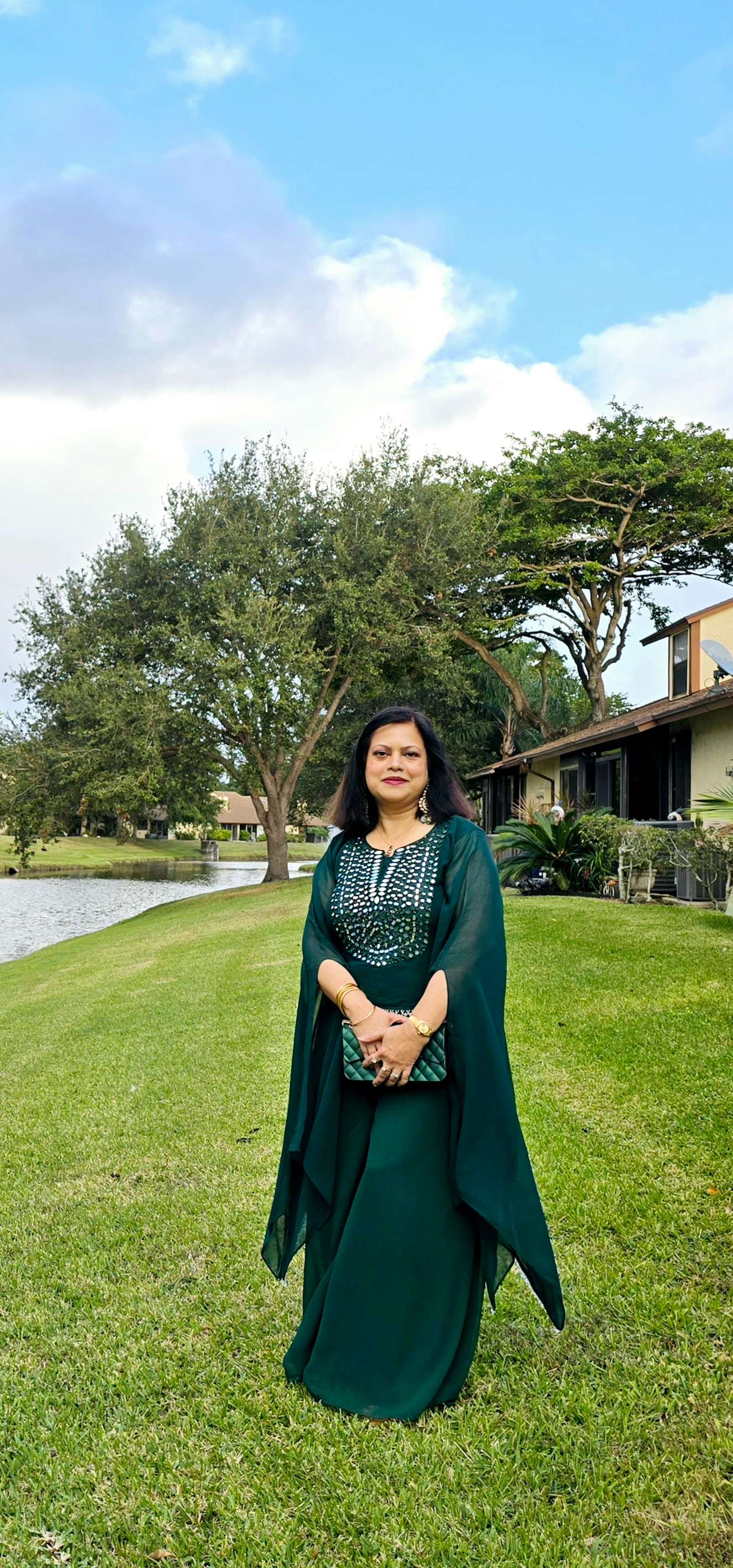 Bottle Green Mirror Embroidery Work Chiffon Co Ords Set