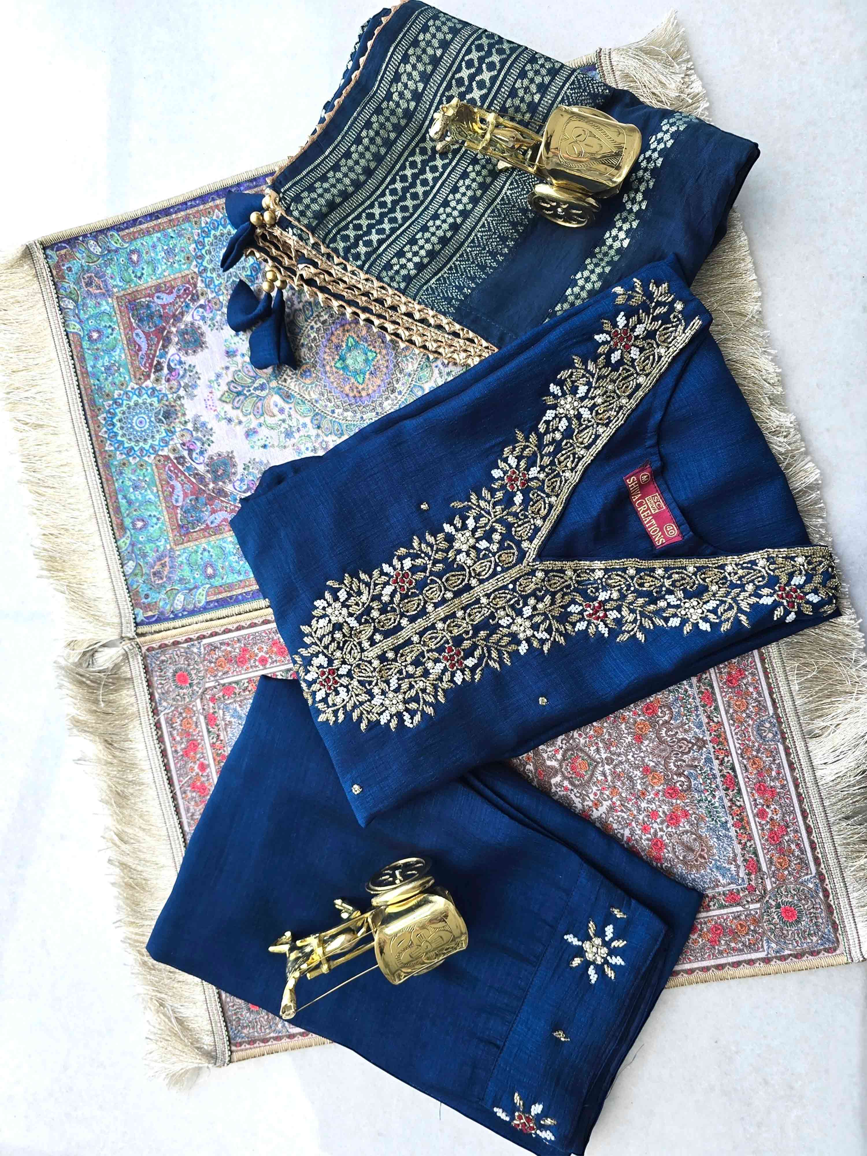 Dabka Embroidery Dark Blue Silk Salwar Kameez Set