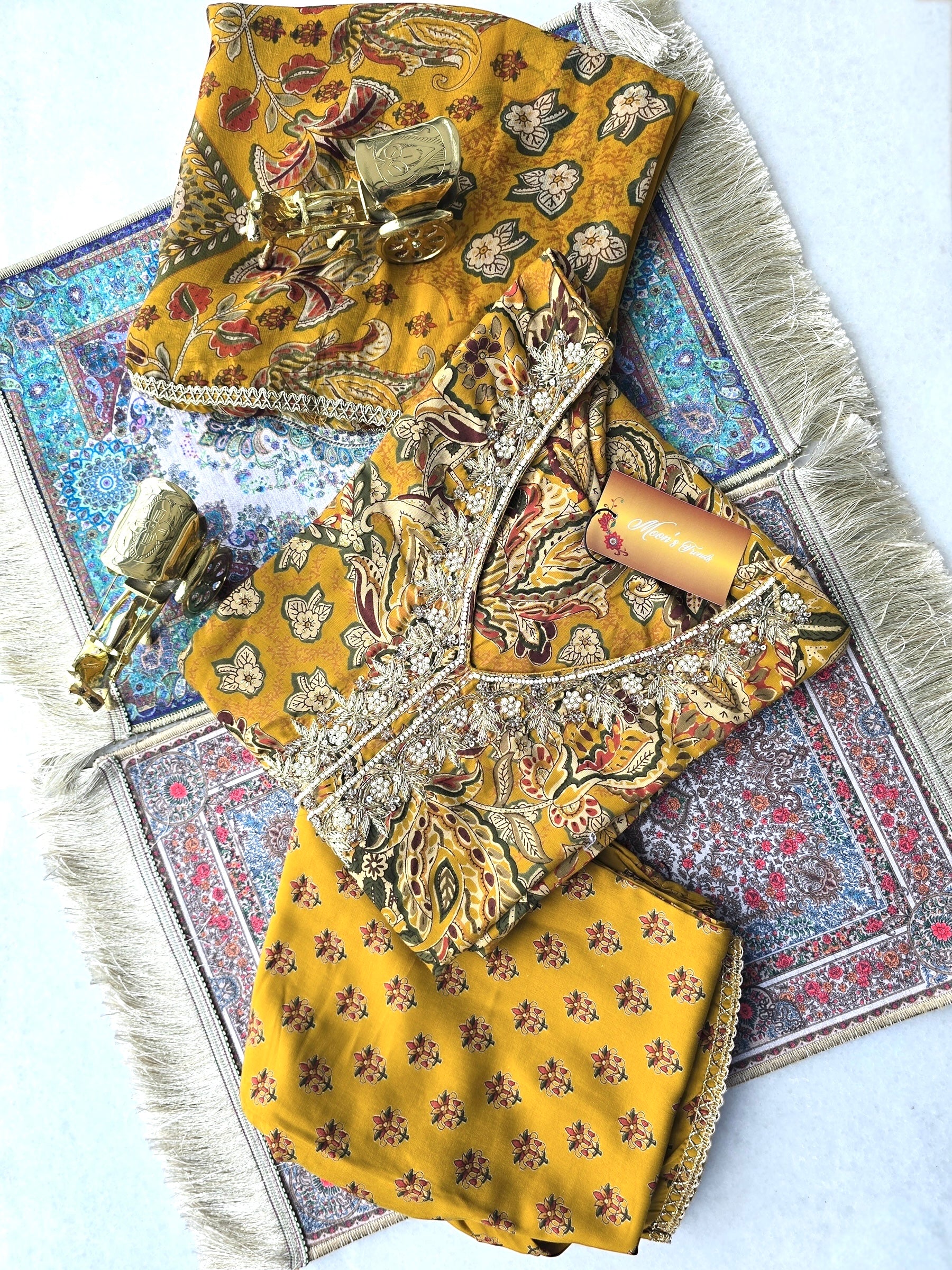 Mustard Yellow Salwar Kameez Set with Dabka Embroidery and Ajrakh Print