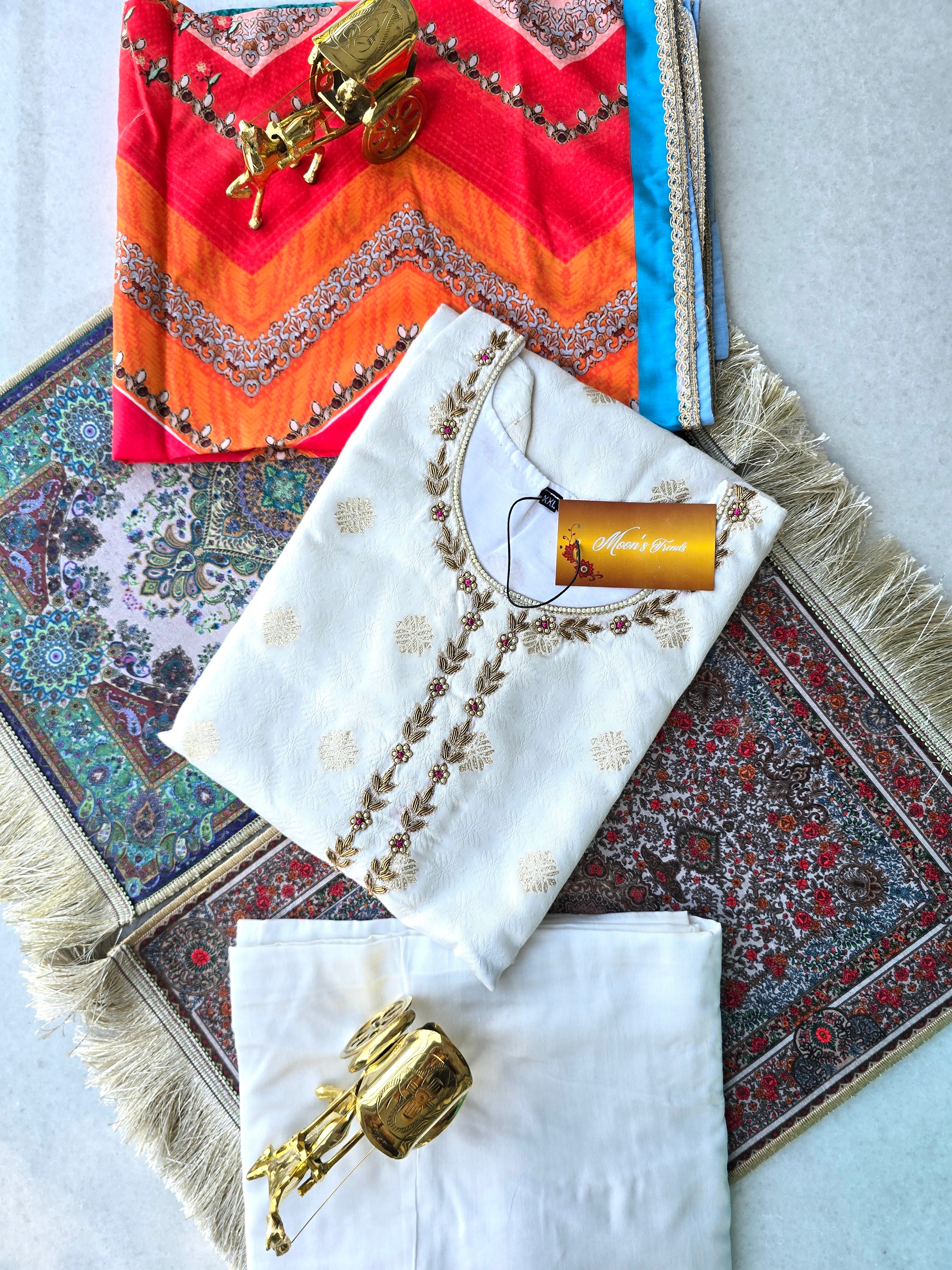 Dabka Embroidery Raw Silk White Salwar Kameez Set