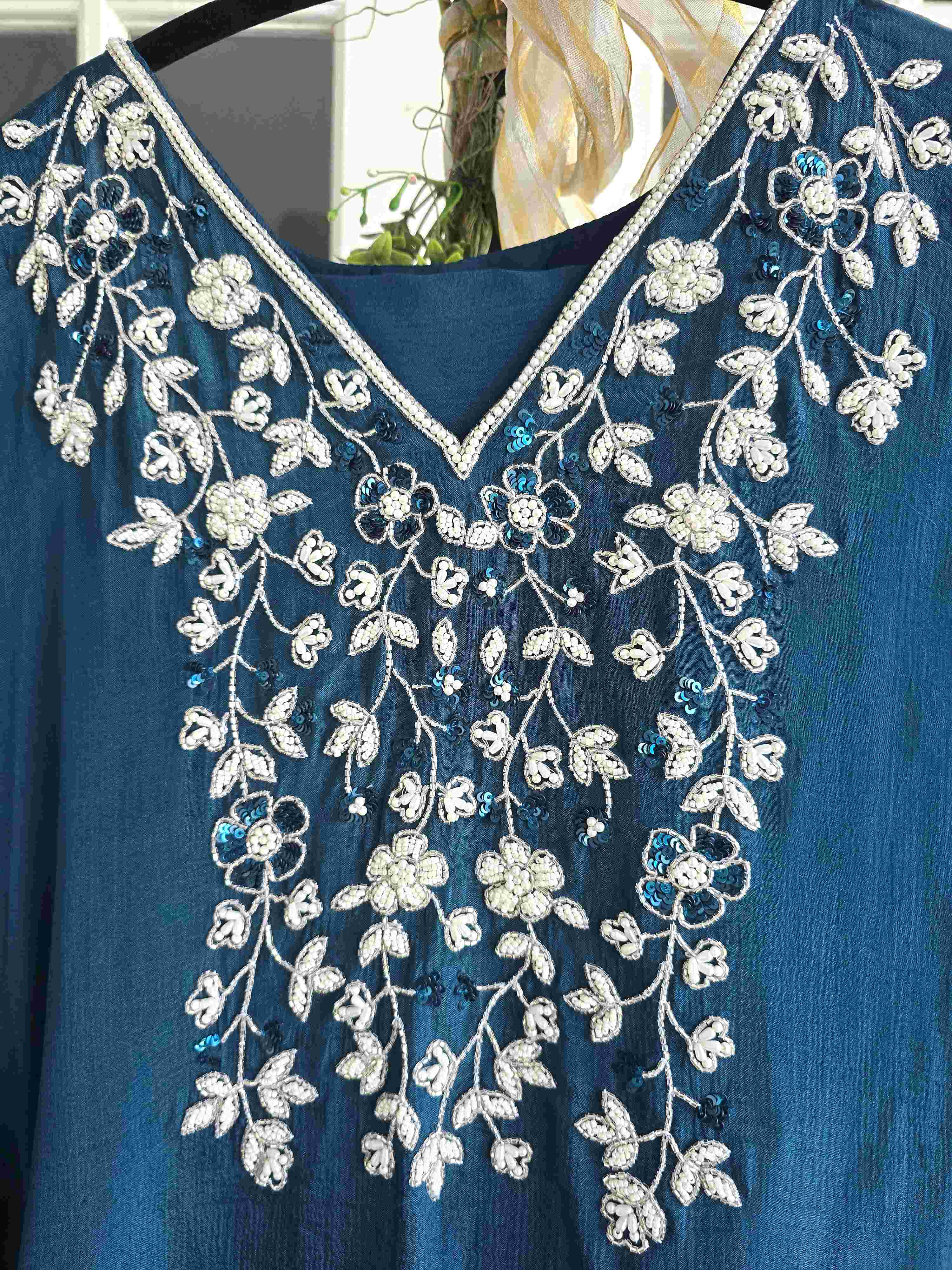 Chiffon Sequin and Beadwork Kaftan Set with Inner and Pant