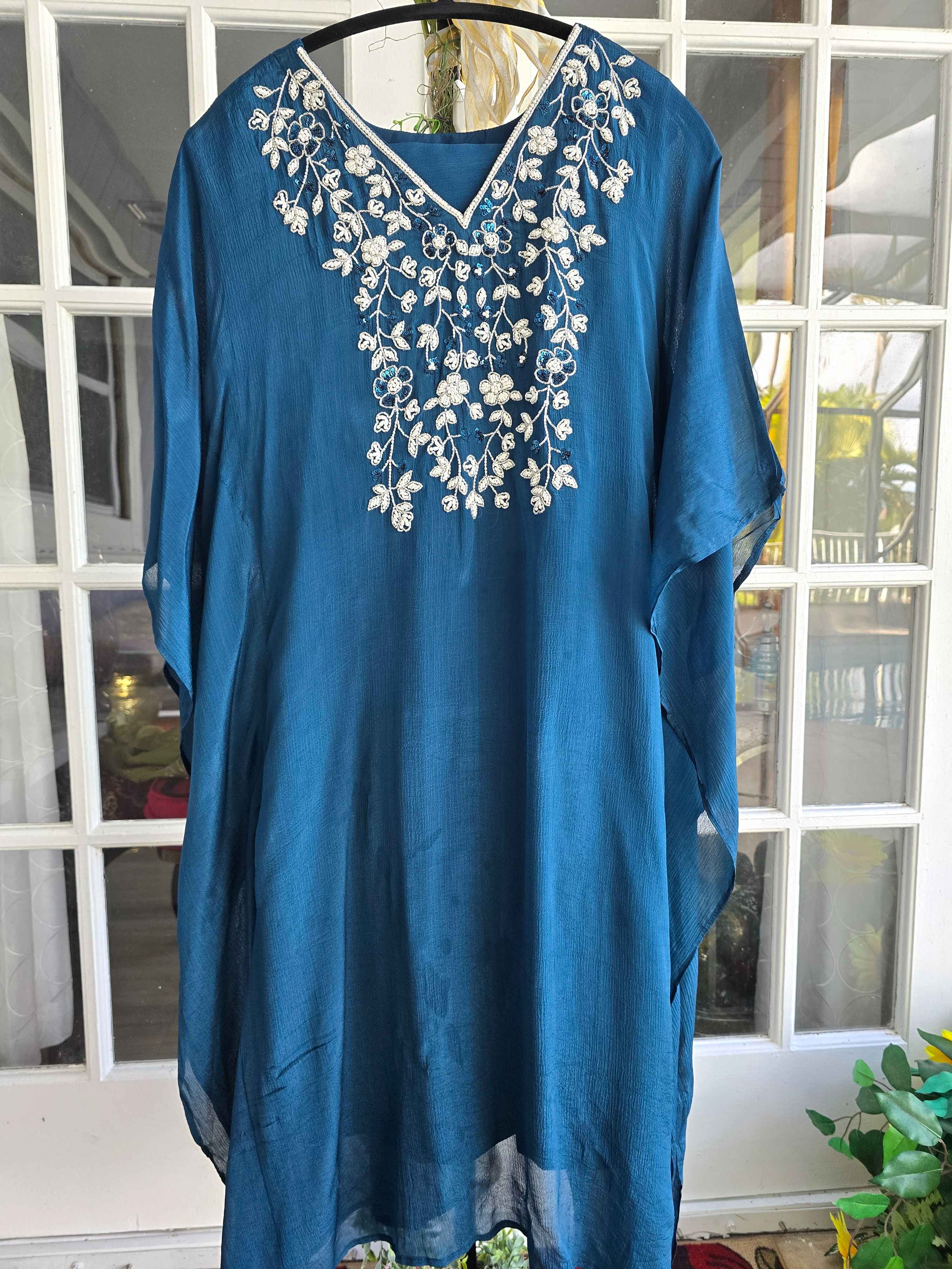 Chiffon Sequin and Beadwork Kaftan Set with Inner and Pant