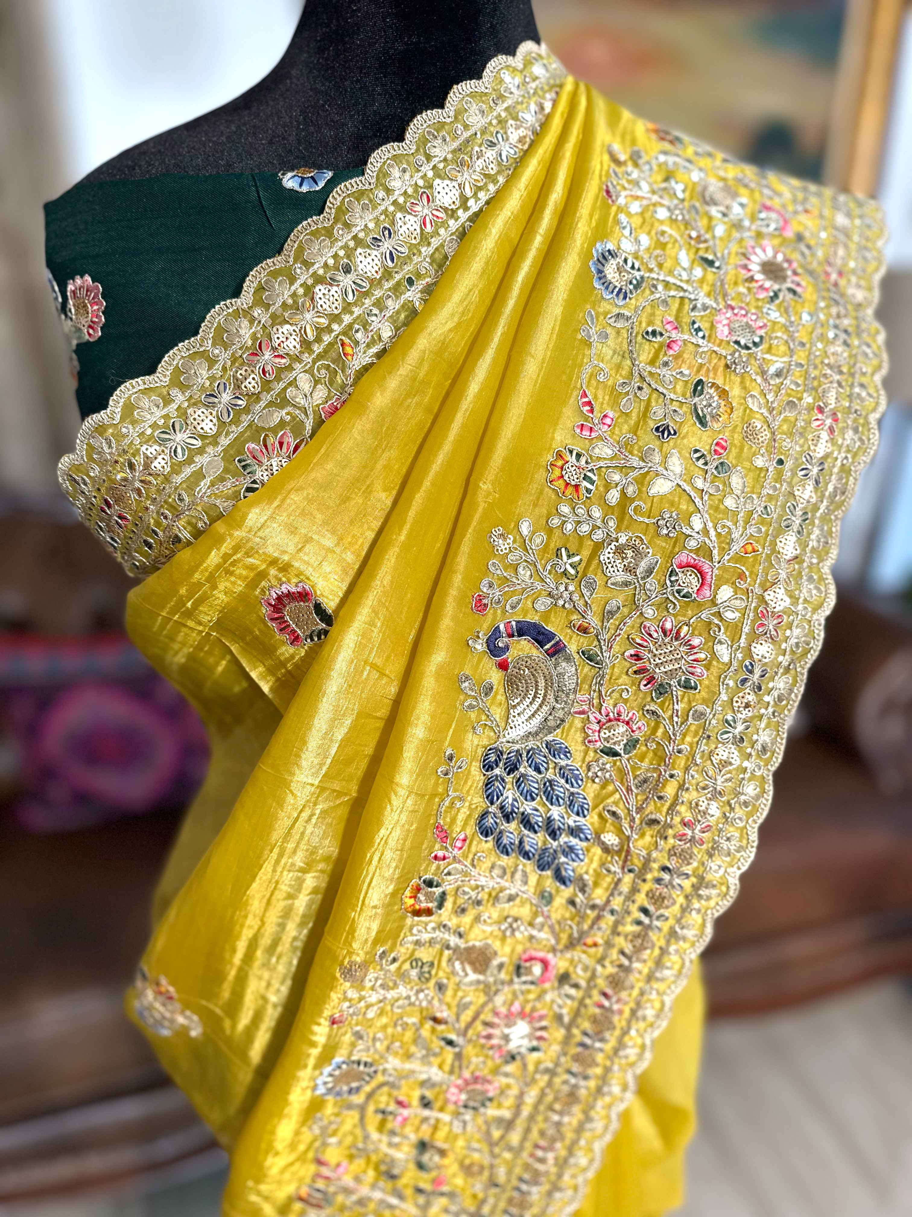 Gotapatti Tissue Embroidery and Sequin Sarees with Contrast Blouse