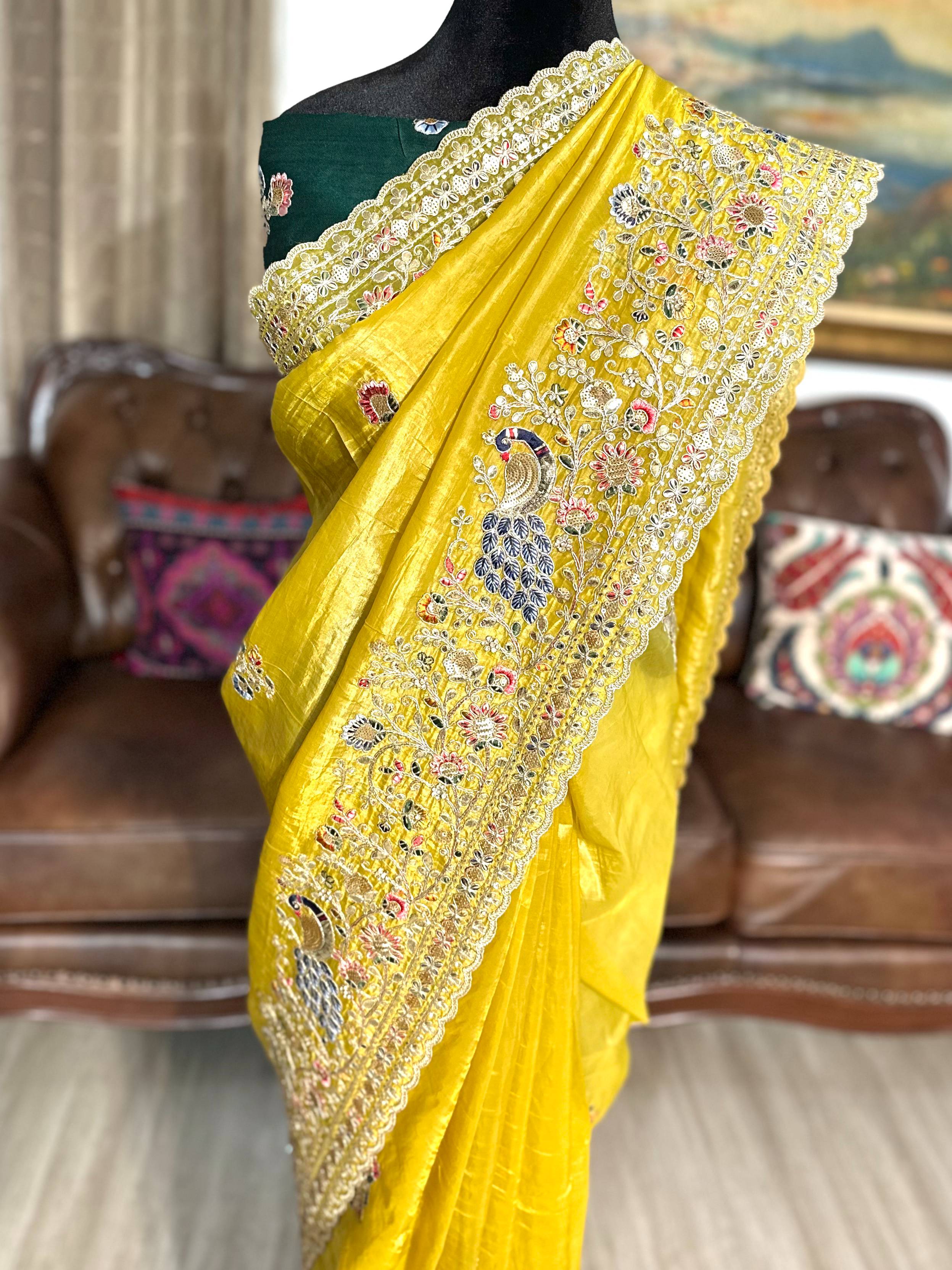 Gotapatti Tissue Embroidery and Sequin Sarees with Contrast Blouse