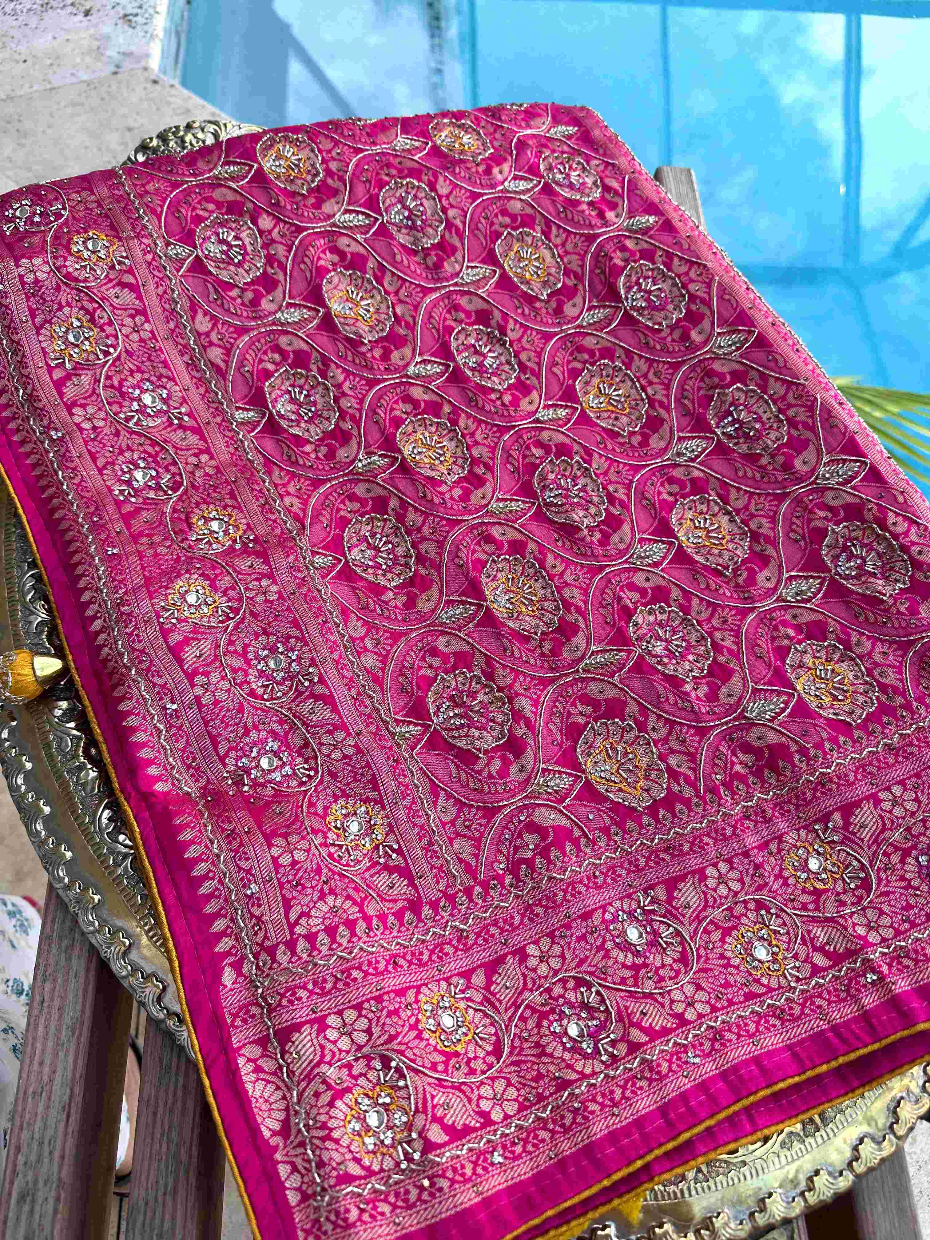 Handworked Rani Pink Katan Silk Sarees with Yellow Contrast Blouse