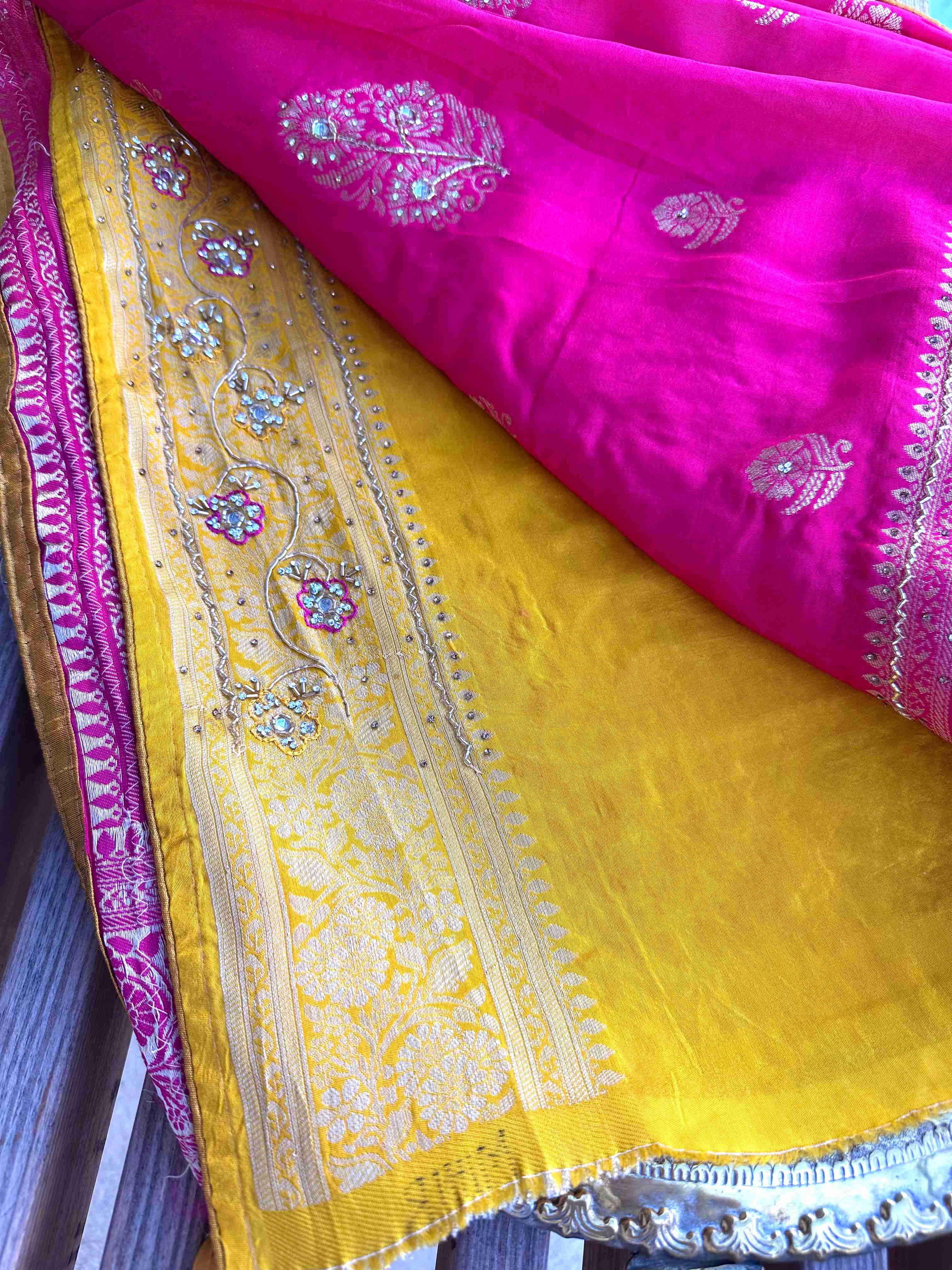 Handworked Rani Pink Katan Silk Sarees with Yellow Contrast Blouse