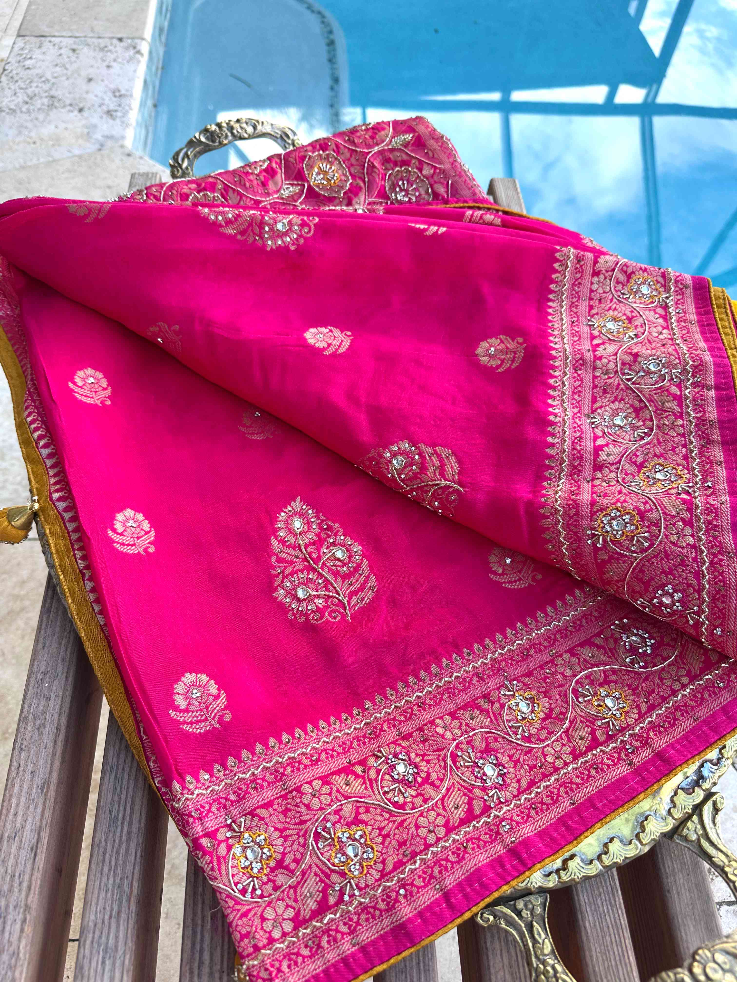 Handworked Rani Pink Katan Silk Sarees with Yellow Contrast Blouse