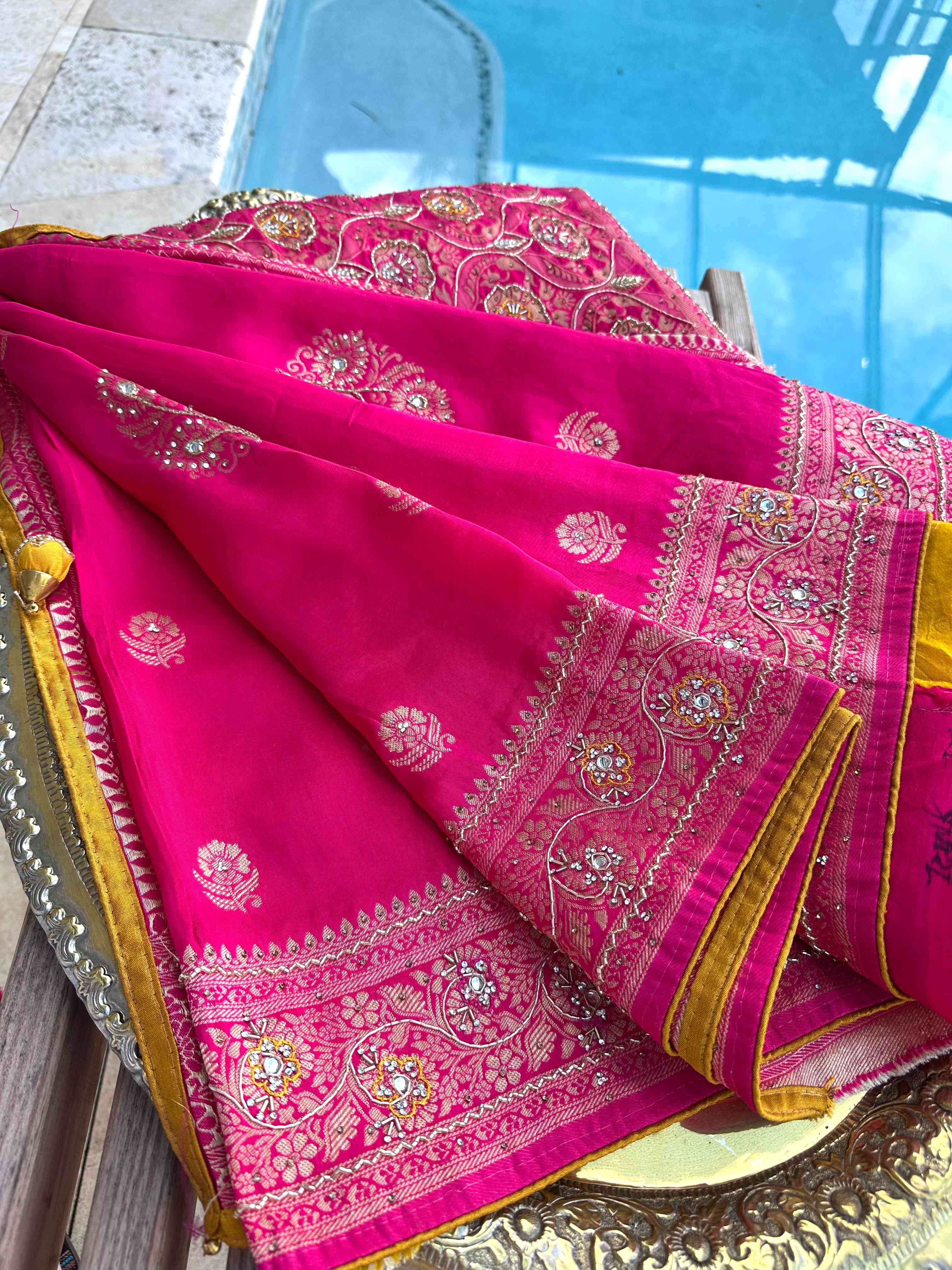 Handworked Rani Pink Katan Silk Sarees with Yellow Contrast Blouse