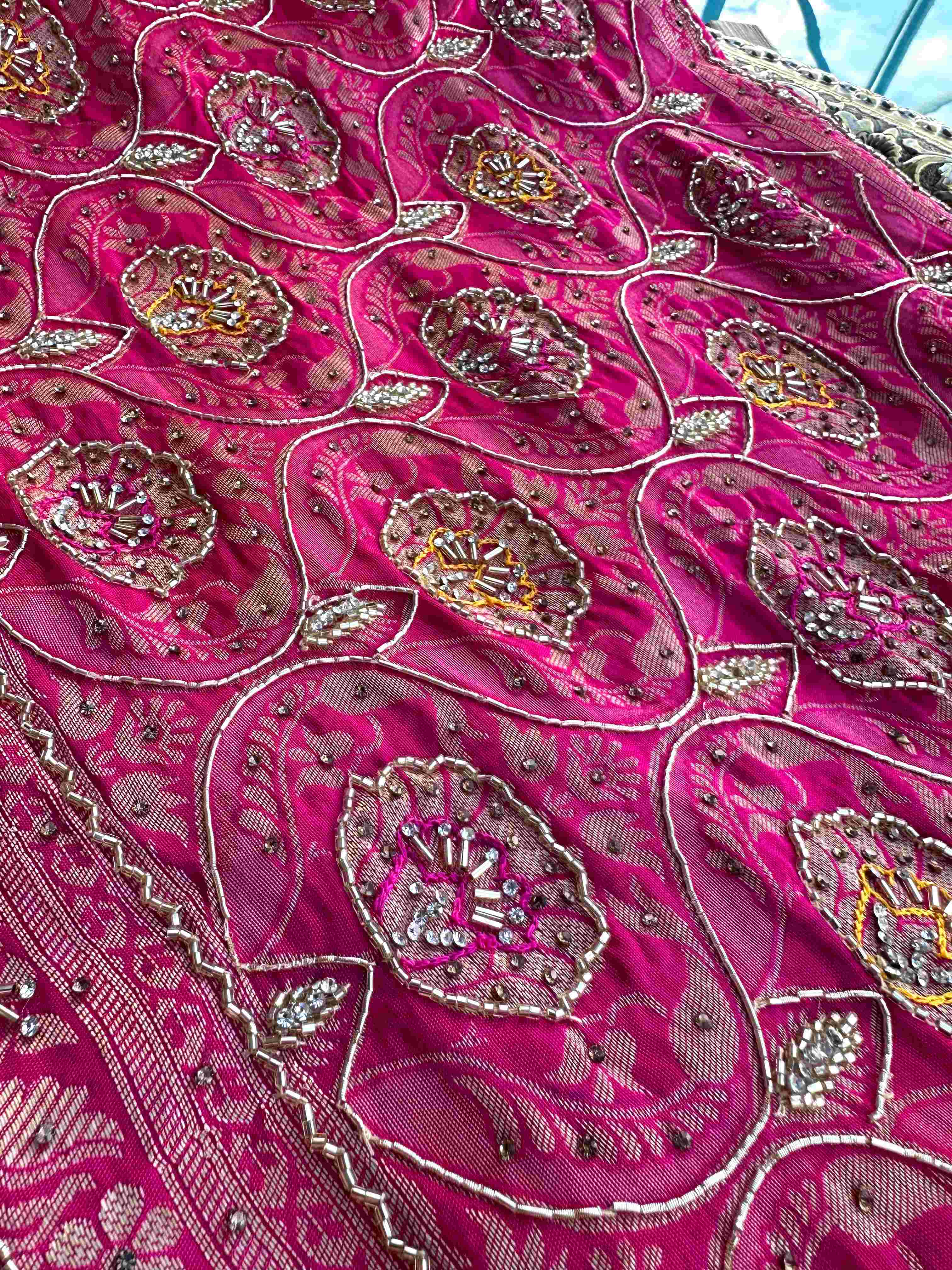 Handworked Rani Pink Katan Silk Sarees with Yellow Contrast Blouse