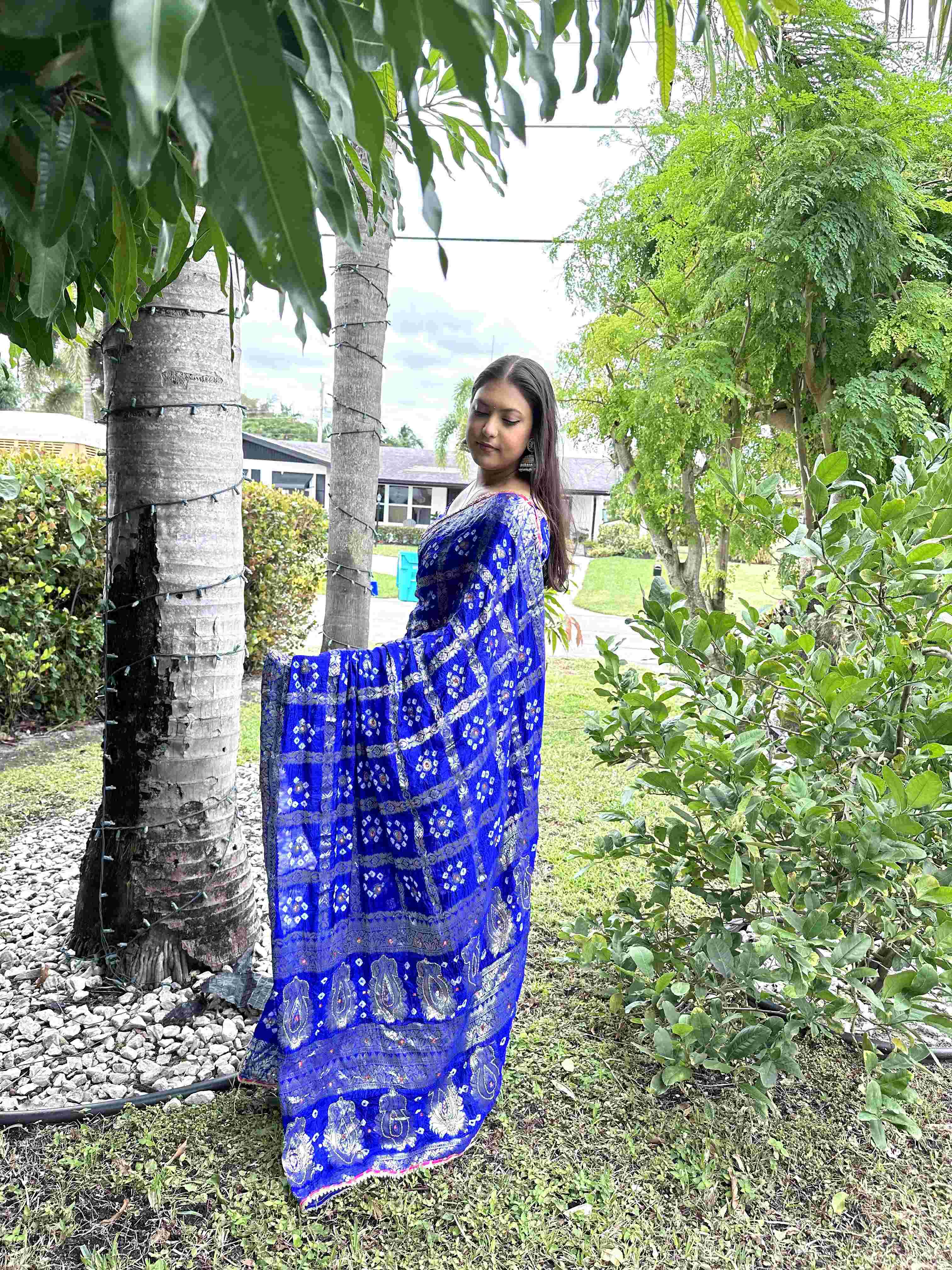 Handworked Silk Bandhani Chunri Saree - Bright Blue