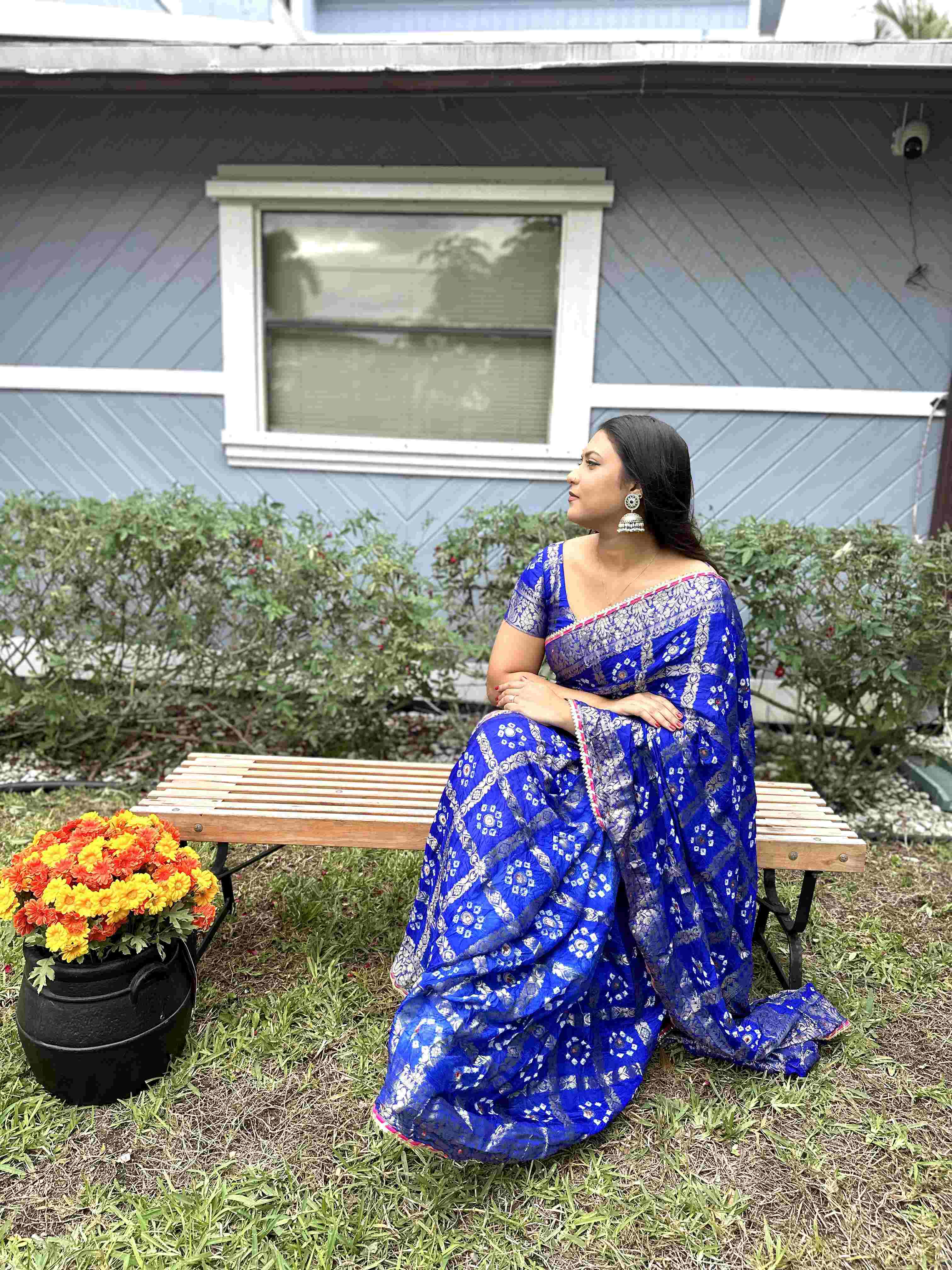 Handworked Silk Bandhani Chunri Saree - Bright Blue