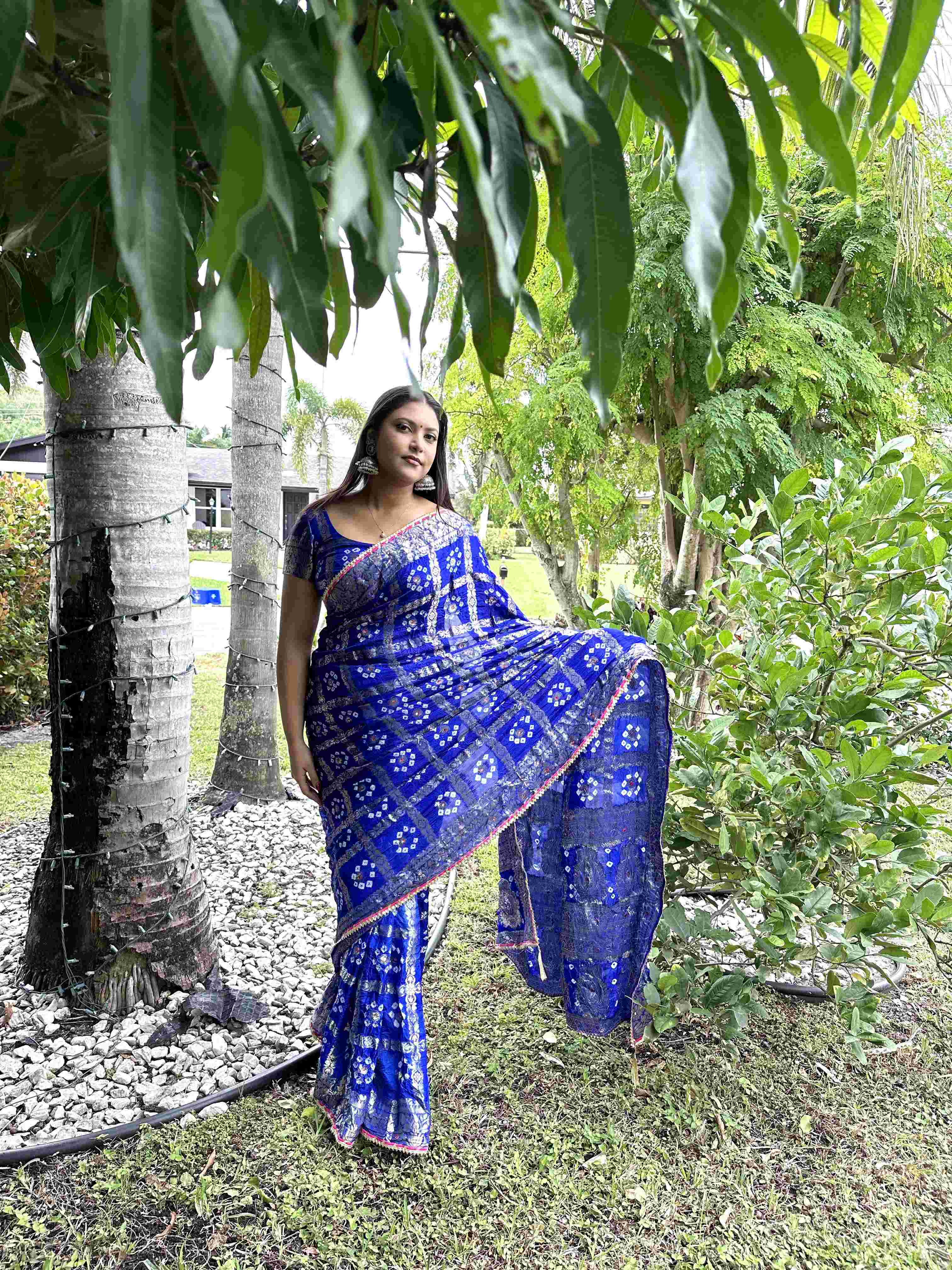 Handworked Silk Bandhani Chunri Saree - Bright Blue