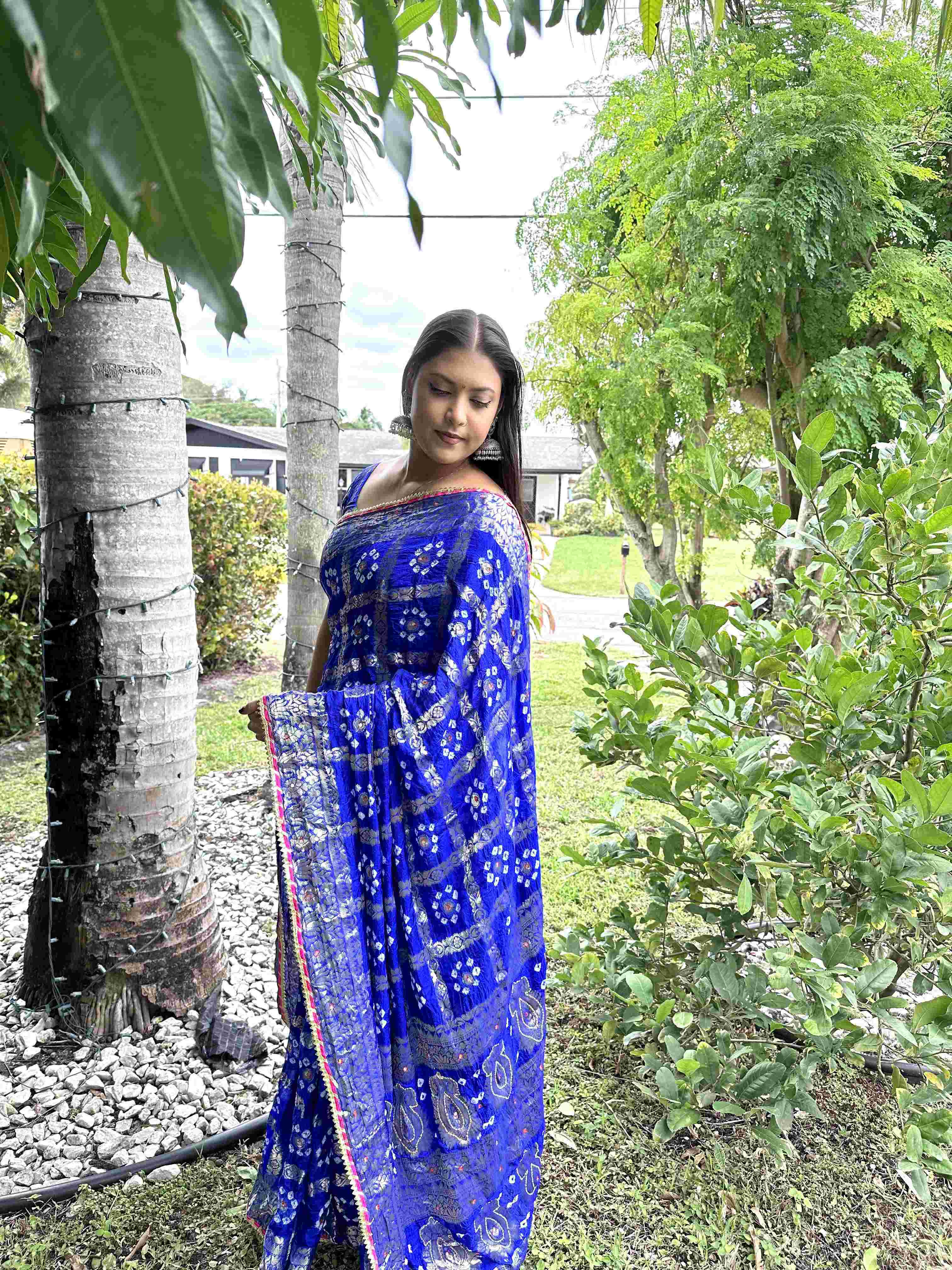 Handworked Silk Bandhani Chunri Saree - Bright Blue