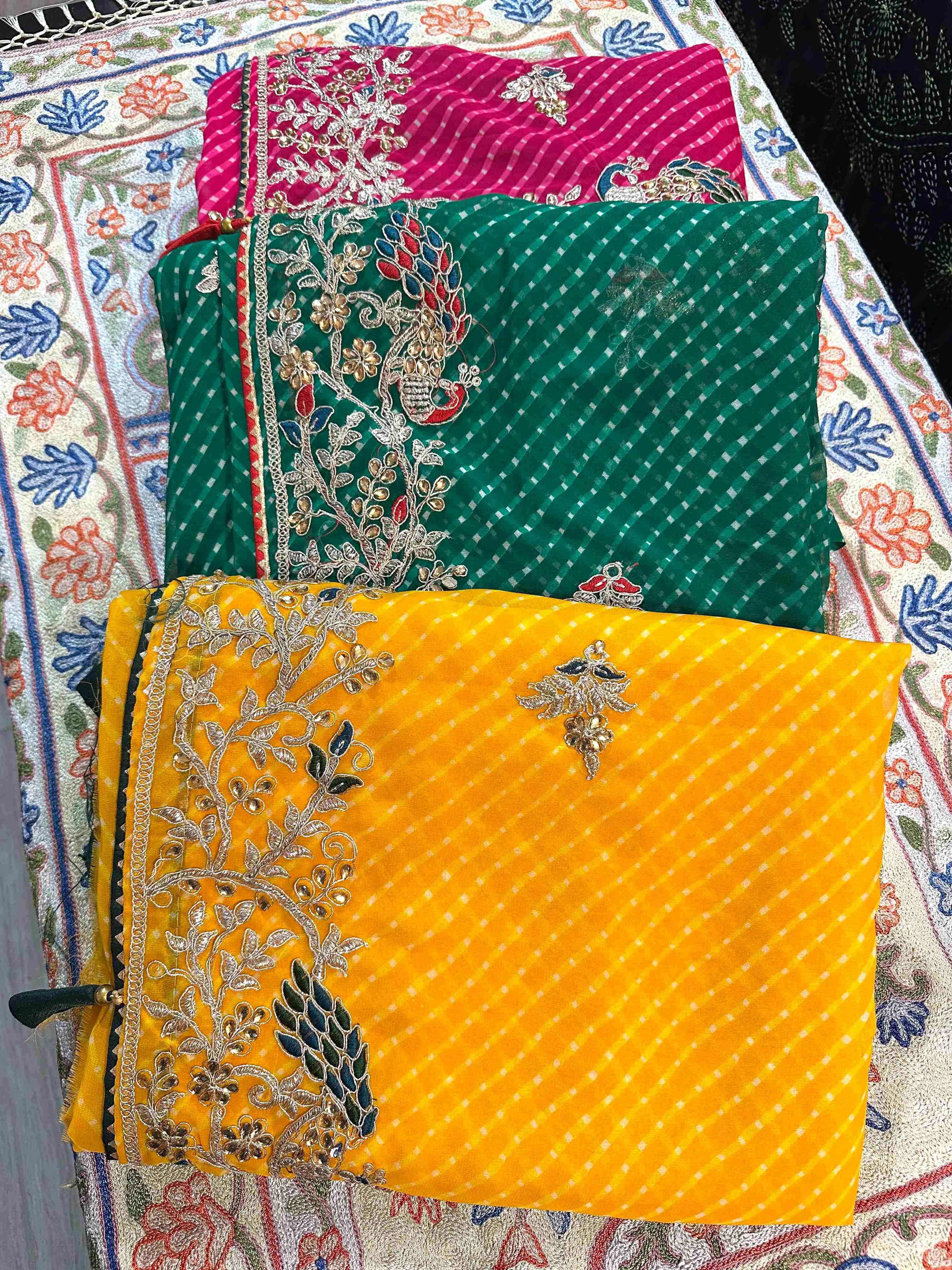 Leheriya Georgette Sarees with Embroidery and Stone Work