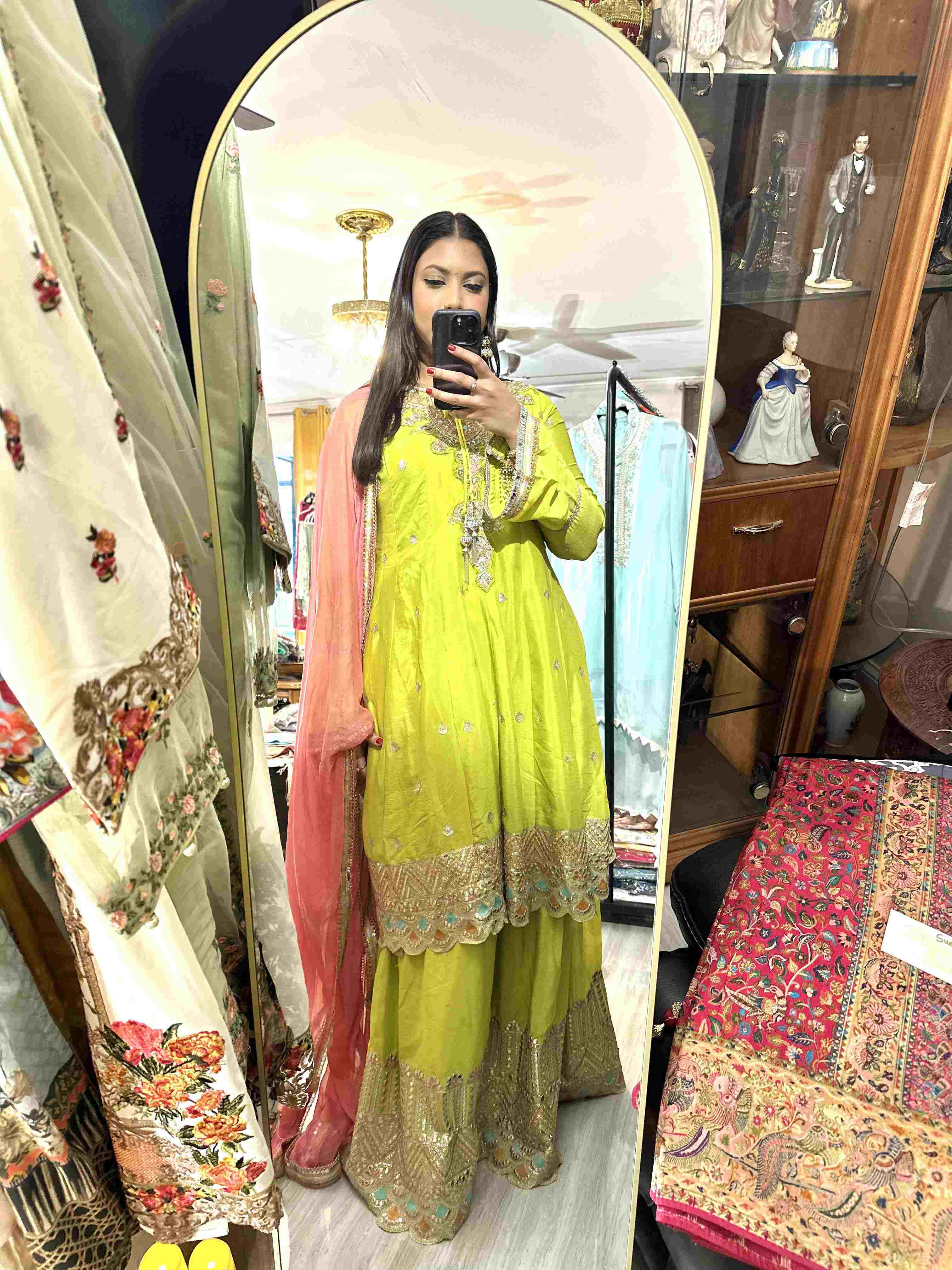 Lime Green and Pink Silk Sharara Set