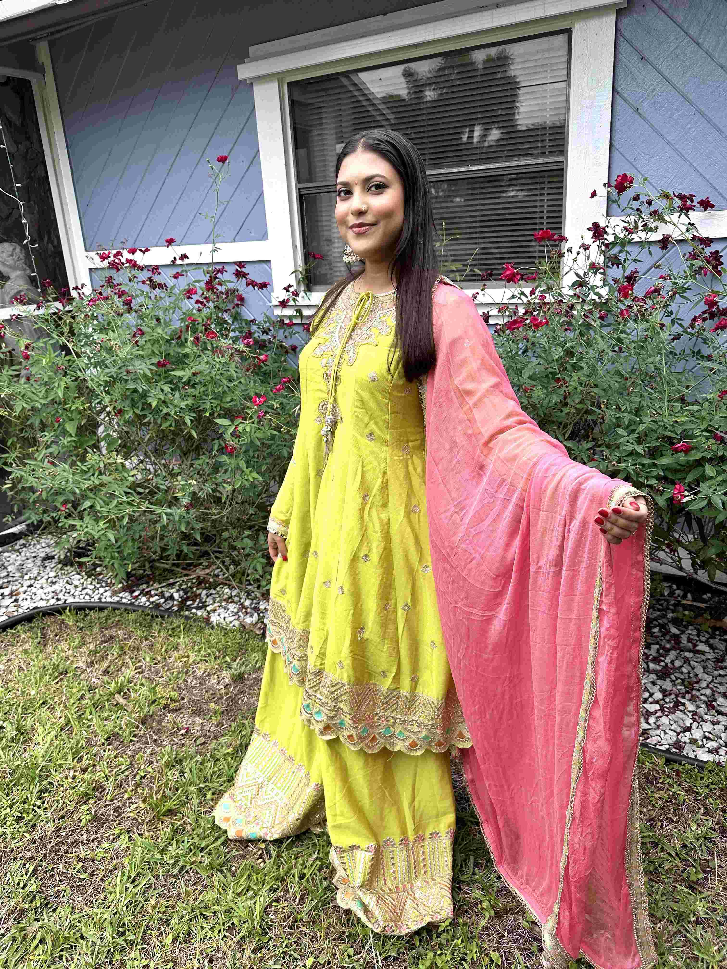 Lime Green and Pink Silk Sharara Set
