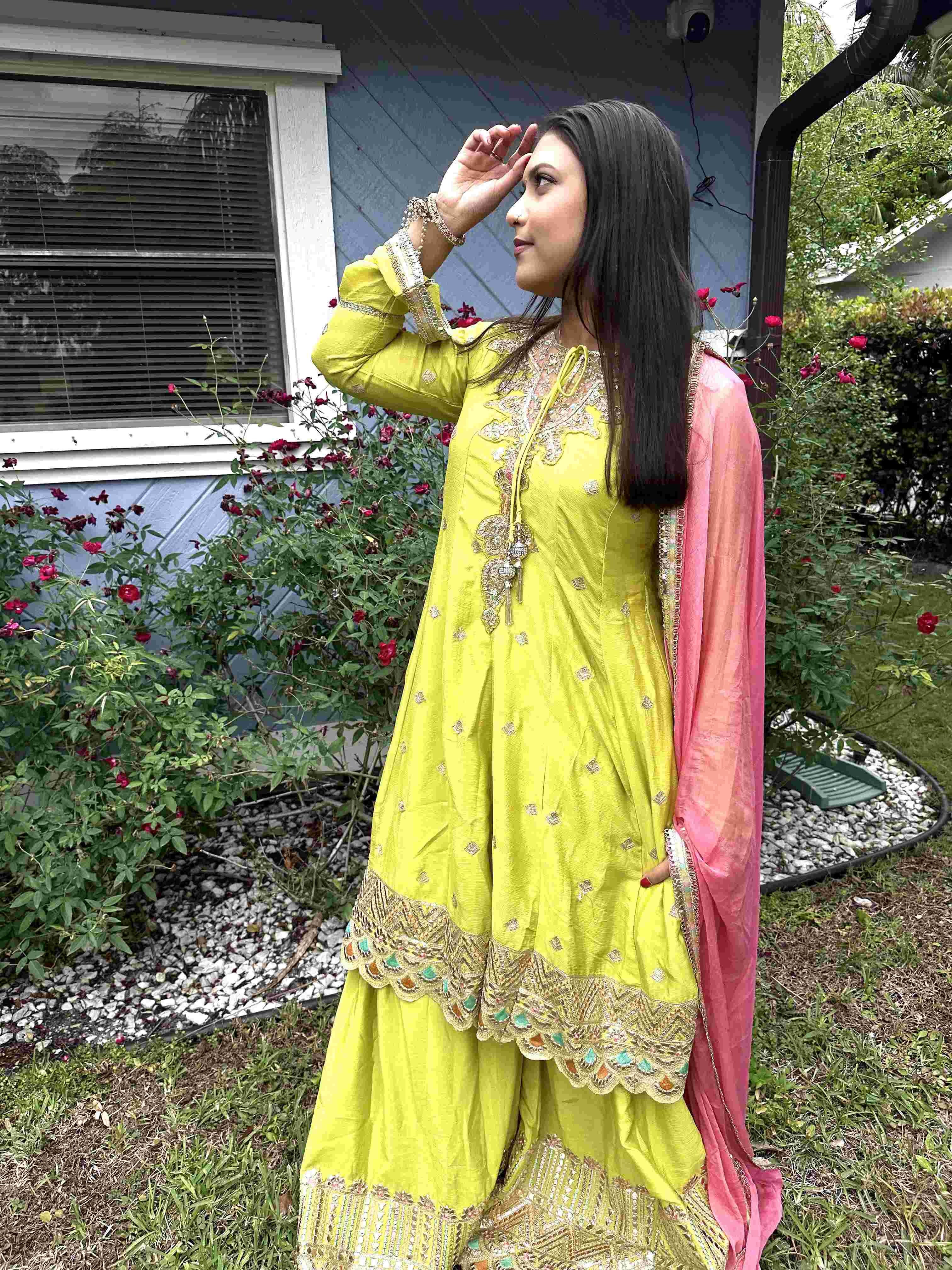 Lime Green and Pink Silk Sharara Set