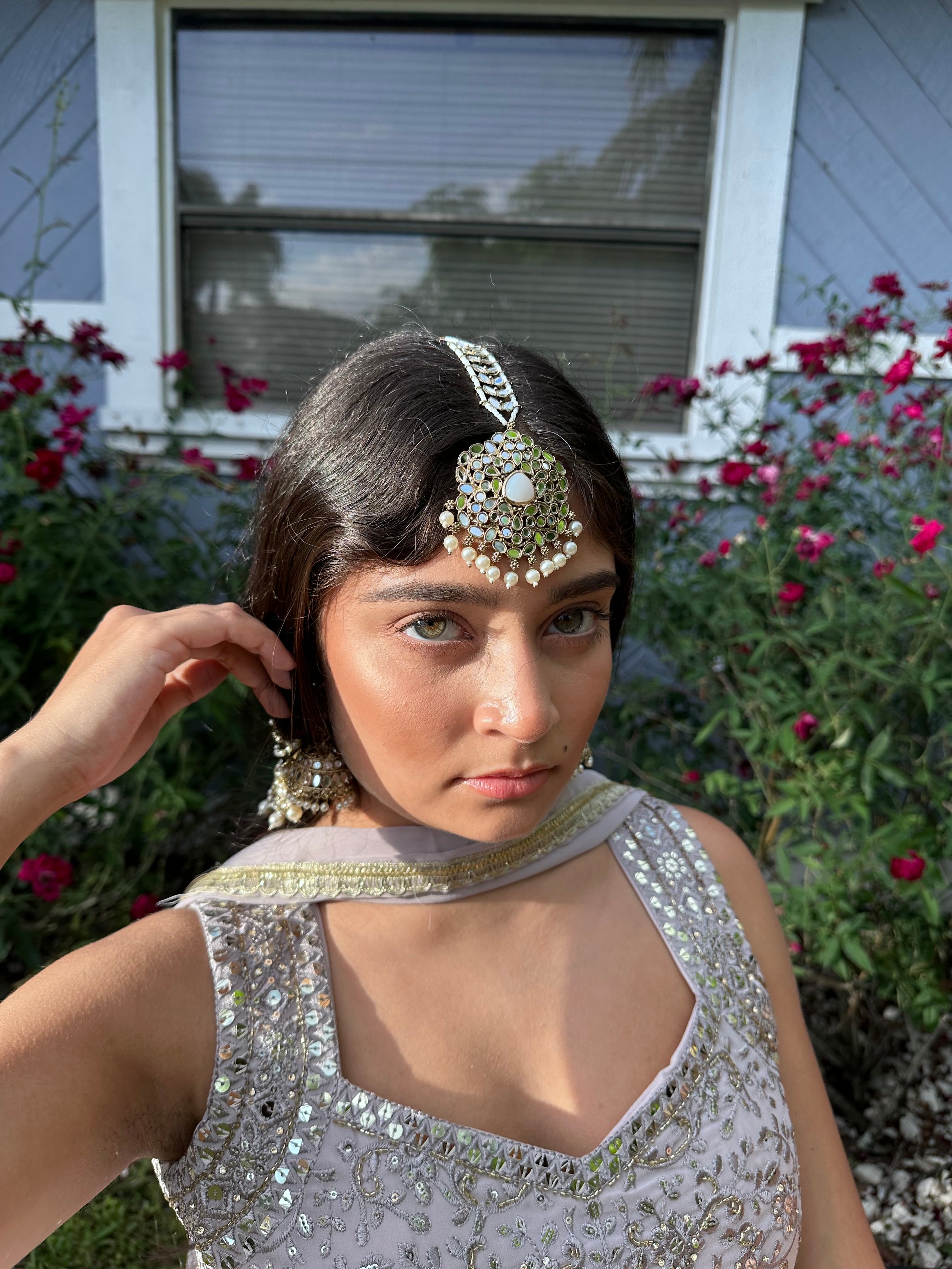 Mirror and Pearl Earring and Tikka Set