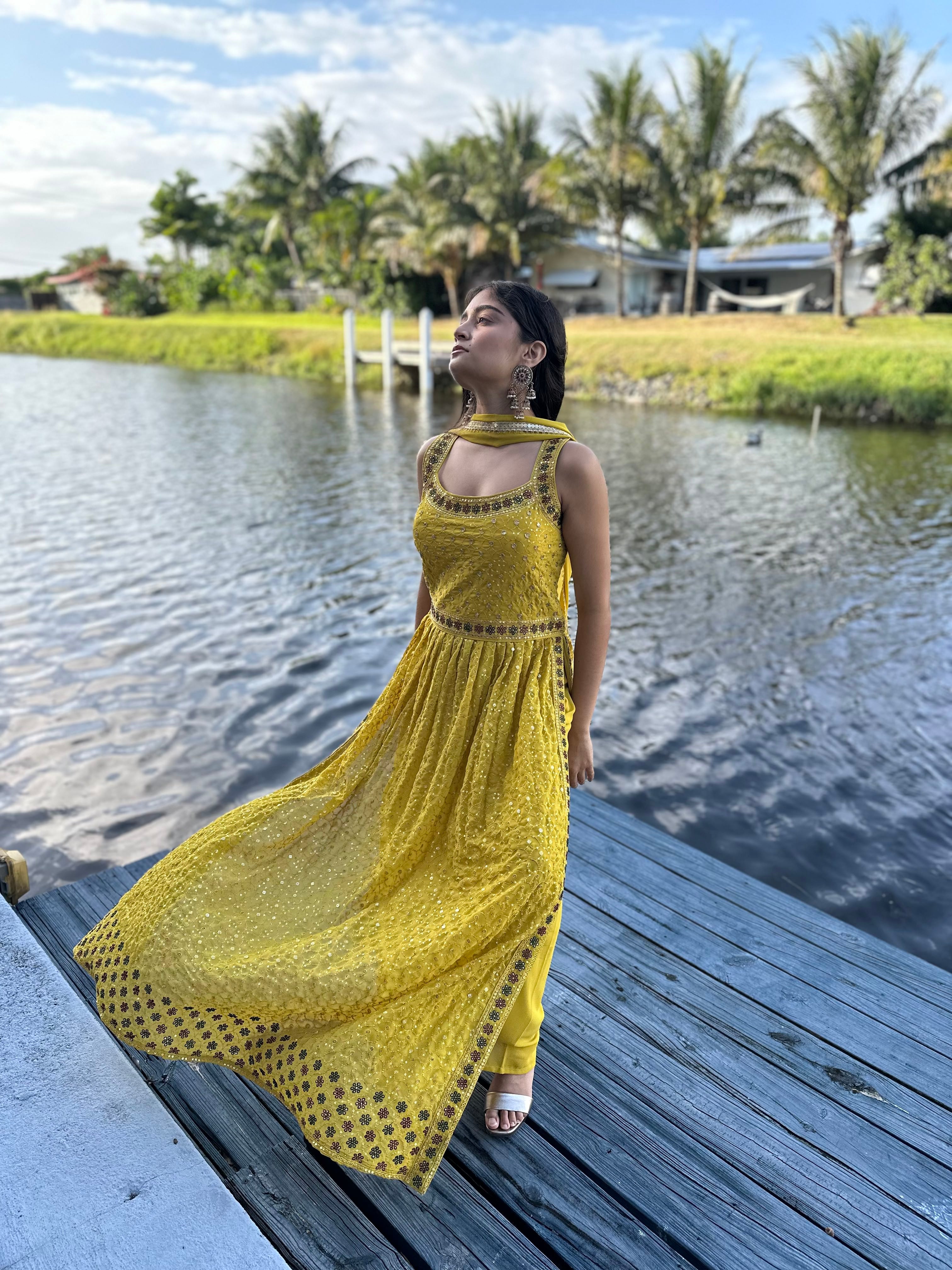 Mustard Georgette Salwar Kameez Set with Sequin and Threadwork