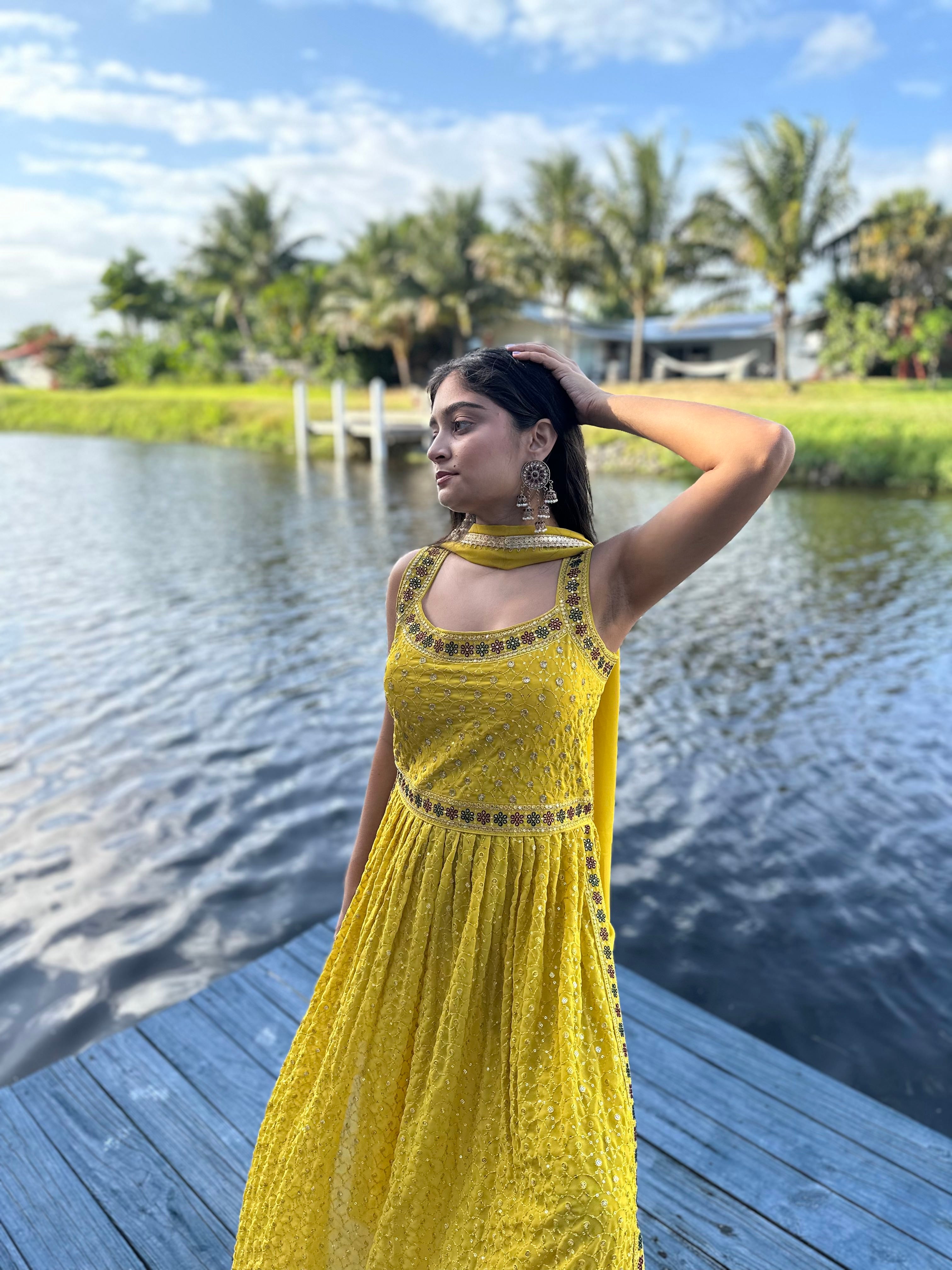 Mustard Georgette Salwar Kameez Set with Sequin and Threadwork