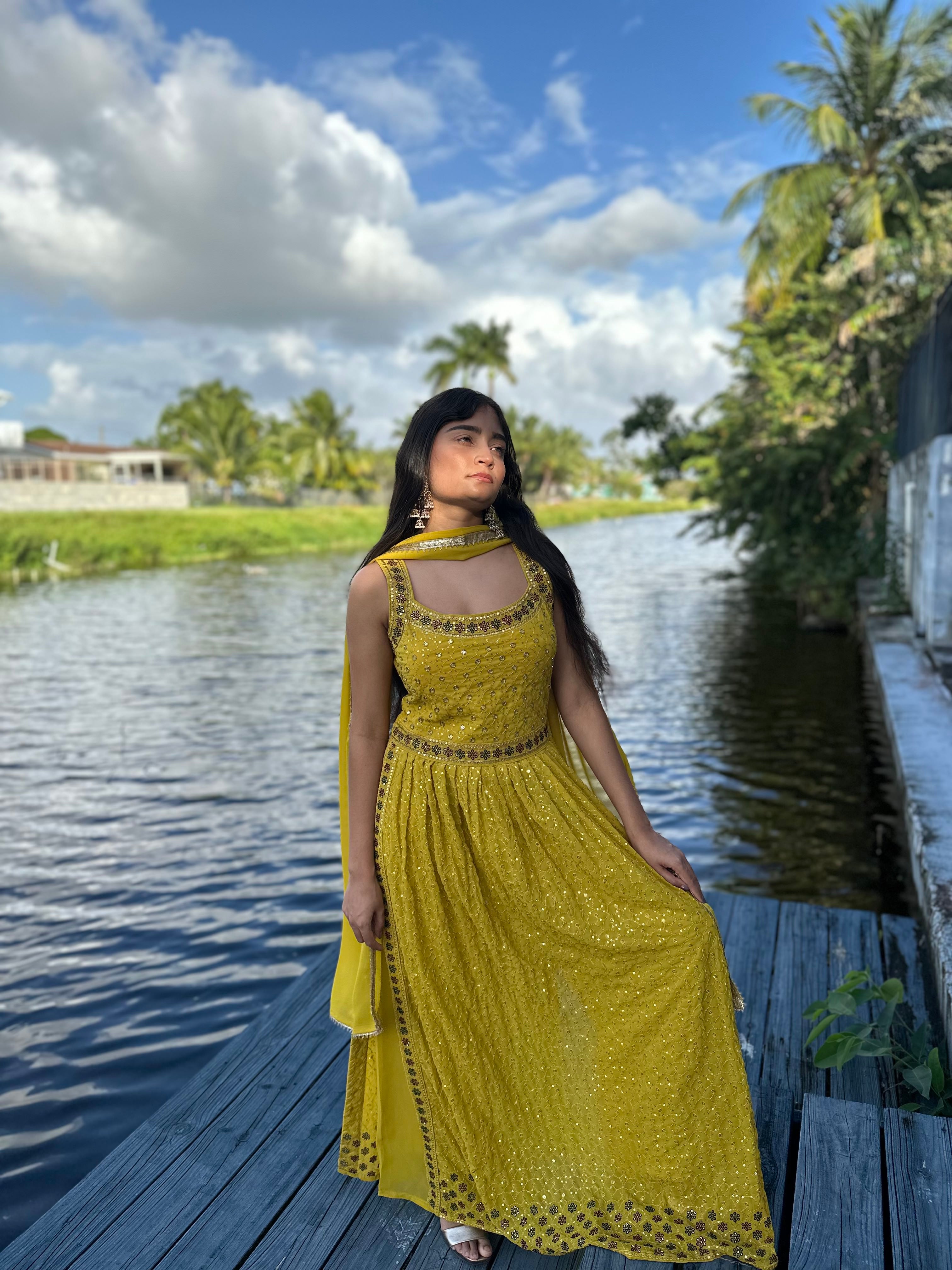 Mustard Georgette Salwar Kameez Set with Sequin and Threadwork