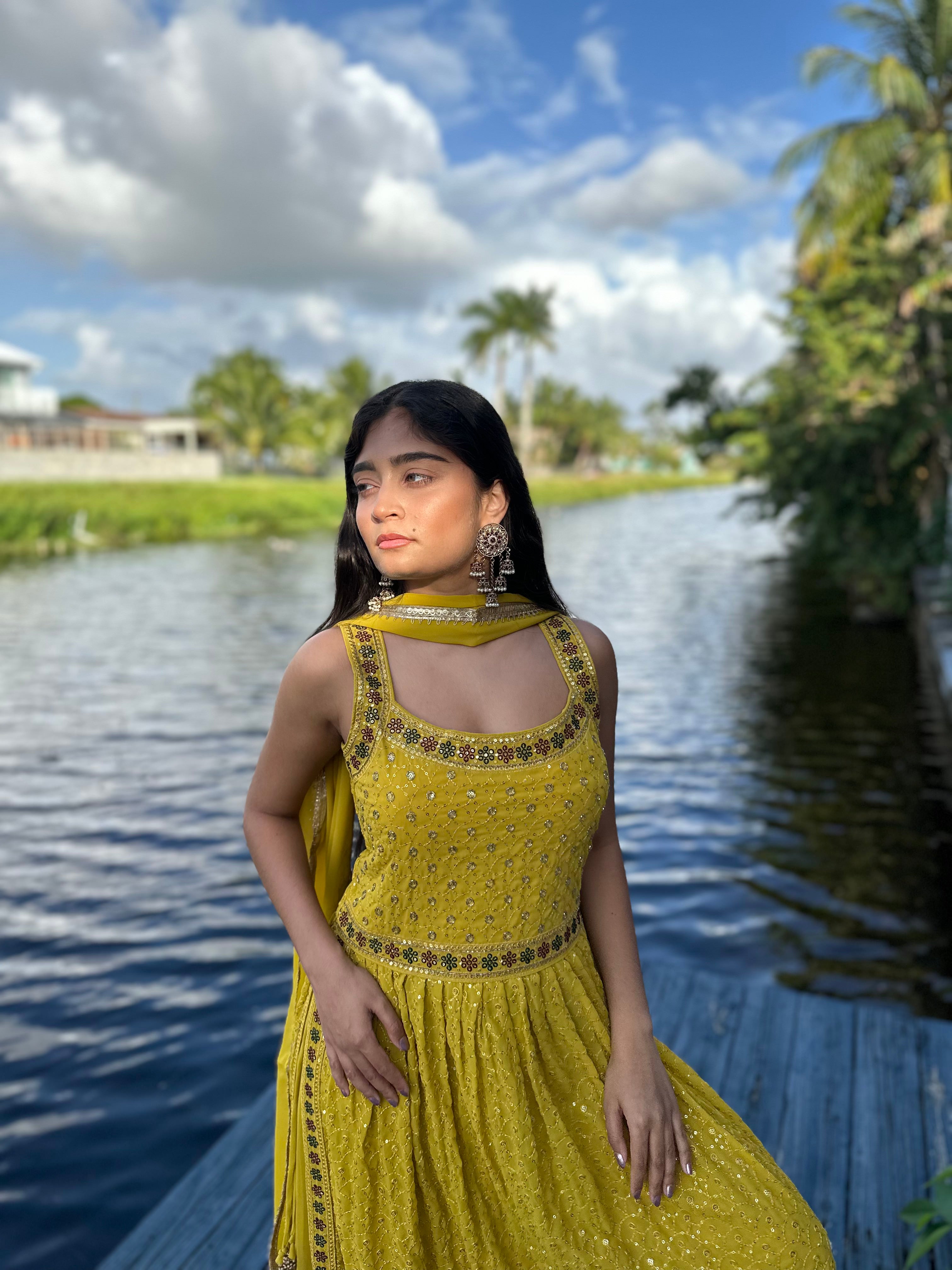 Mustard Georgette Salwar Kameez Set with Sequin and Threadwork