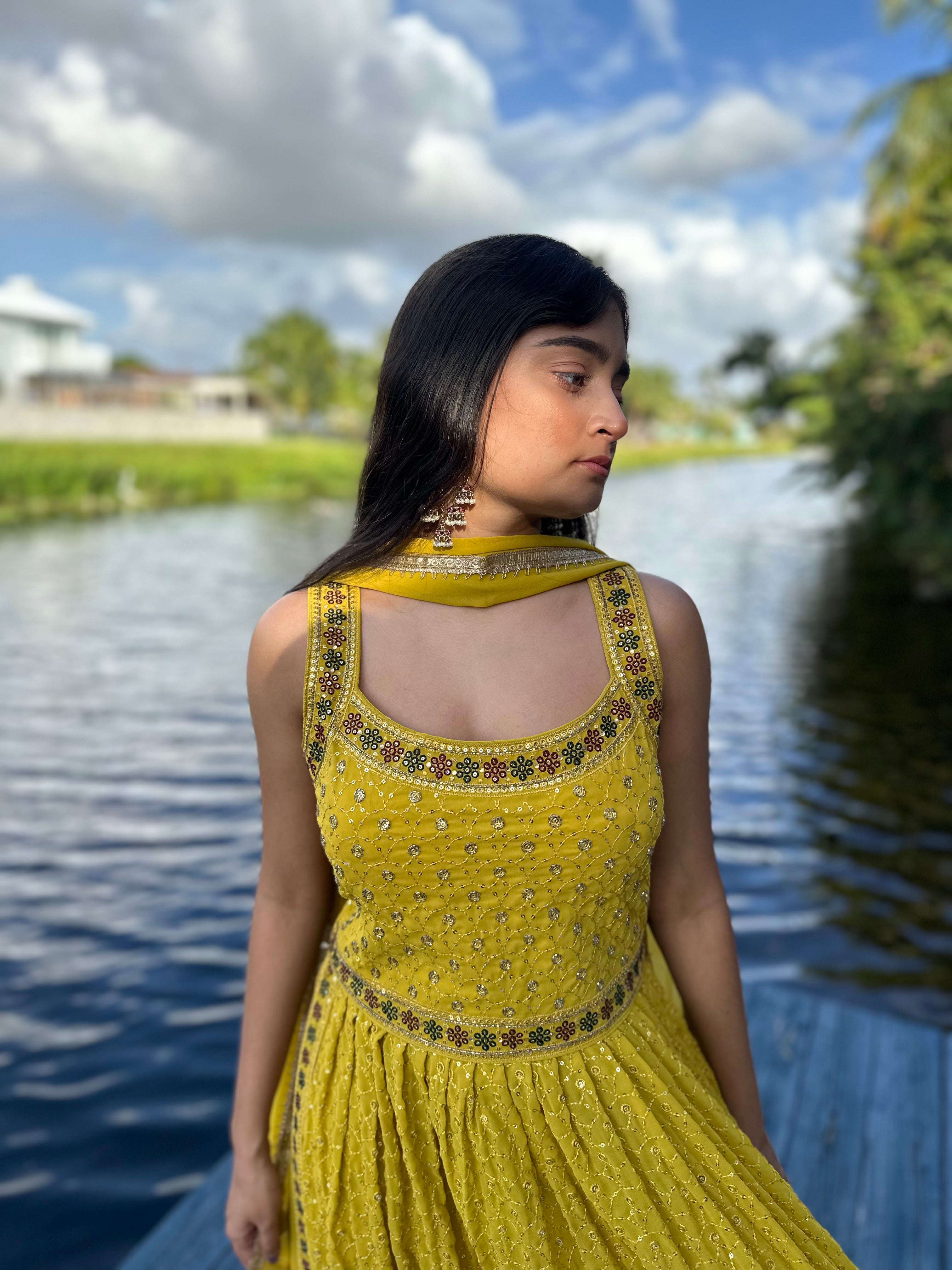 Mustard Georgette Salwar Kameez Set with Sequin and Threadwork