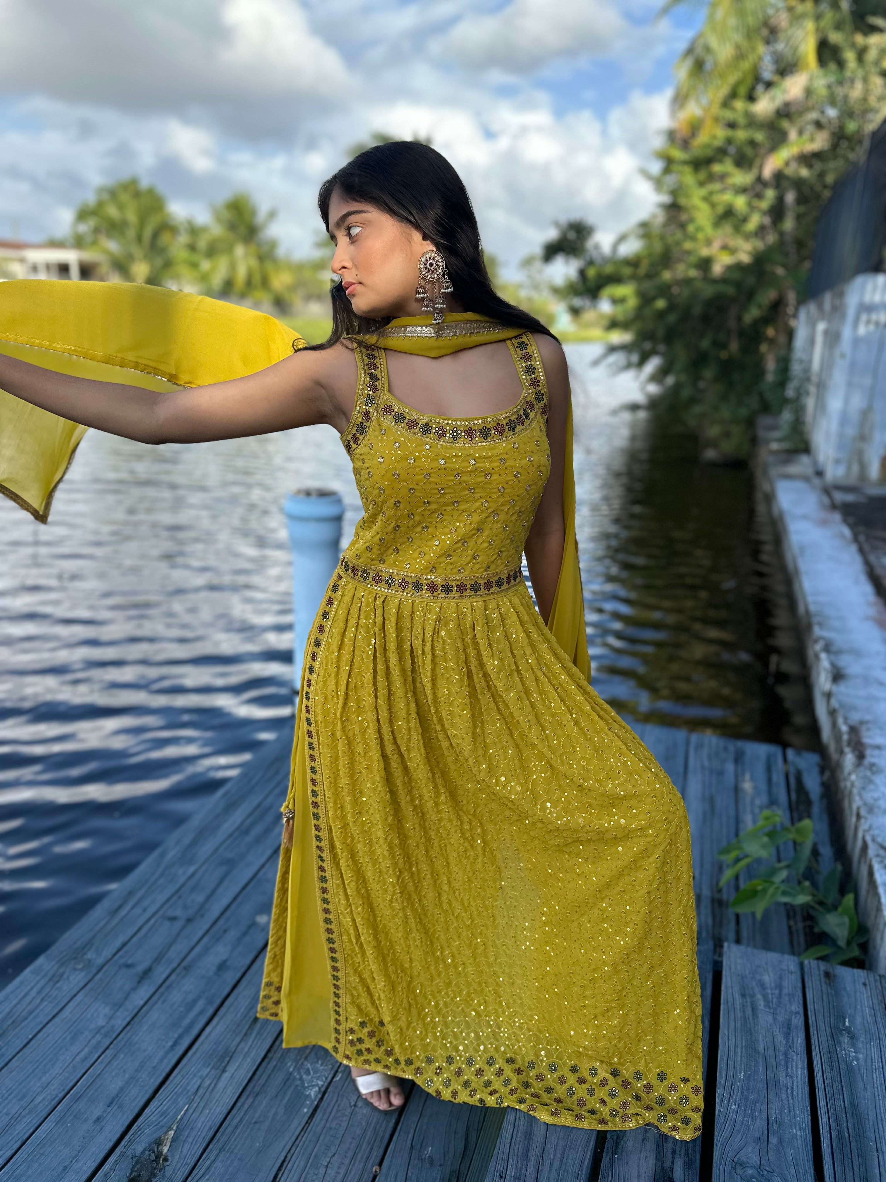 Mustard Georgette Salwar Kameez Set with Sequin and Threadwork