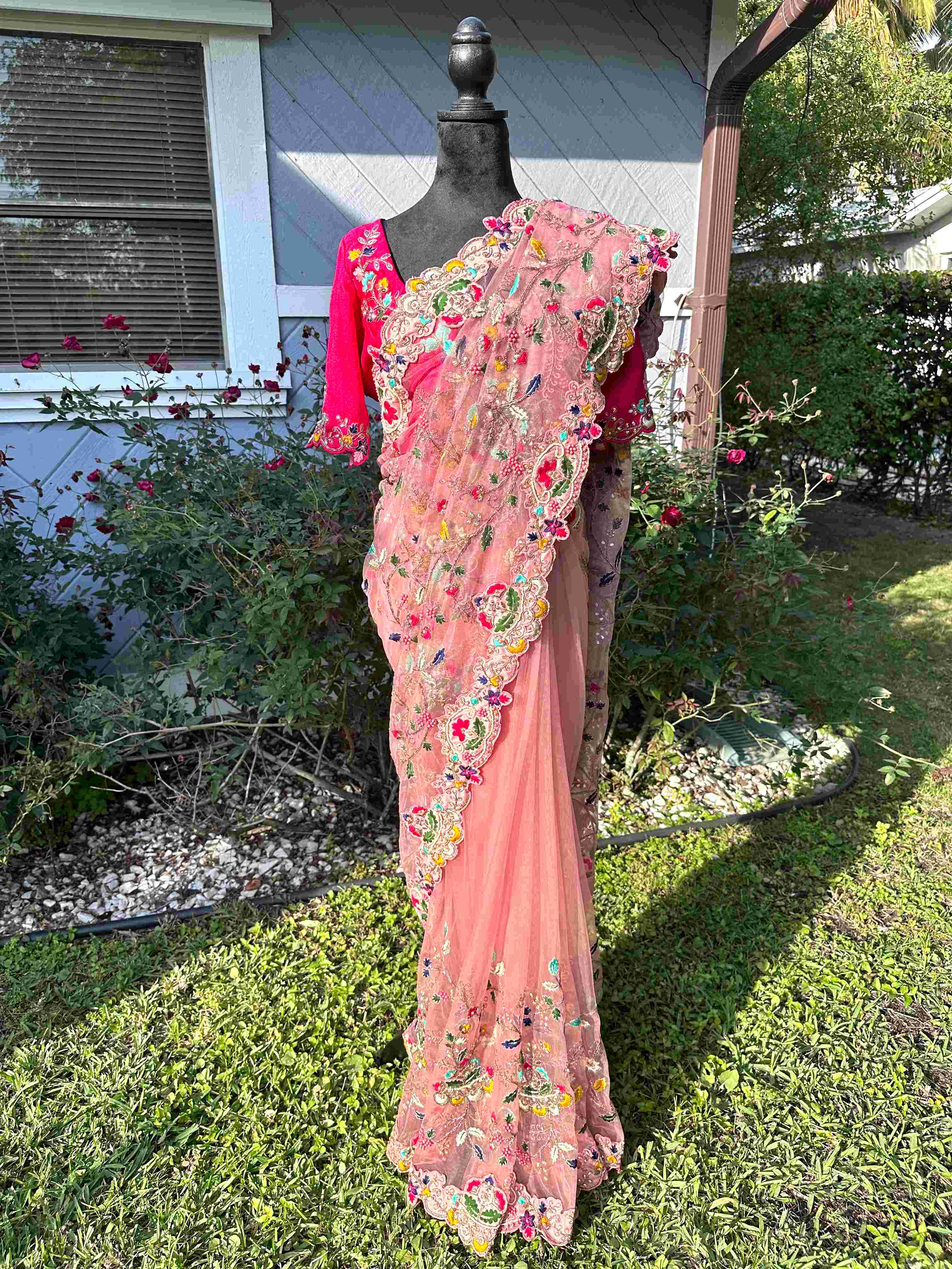 Pink Net Sarees with Embroidery and Stone Work