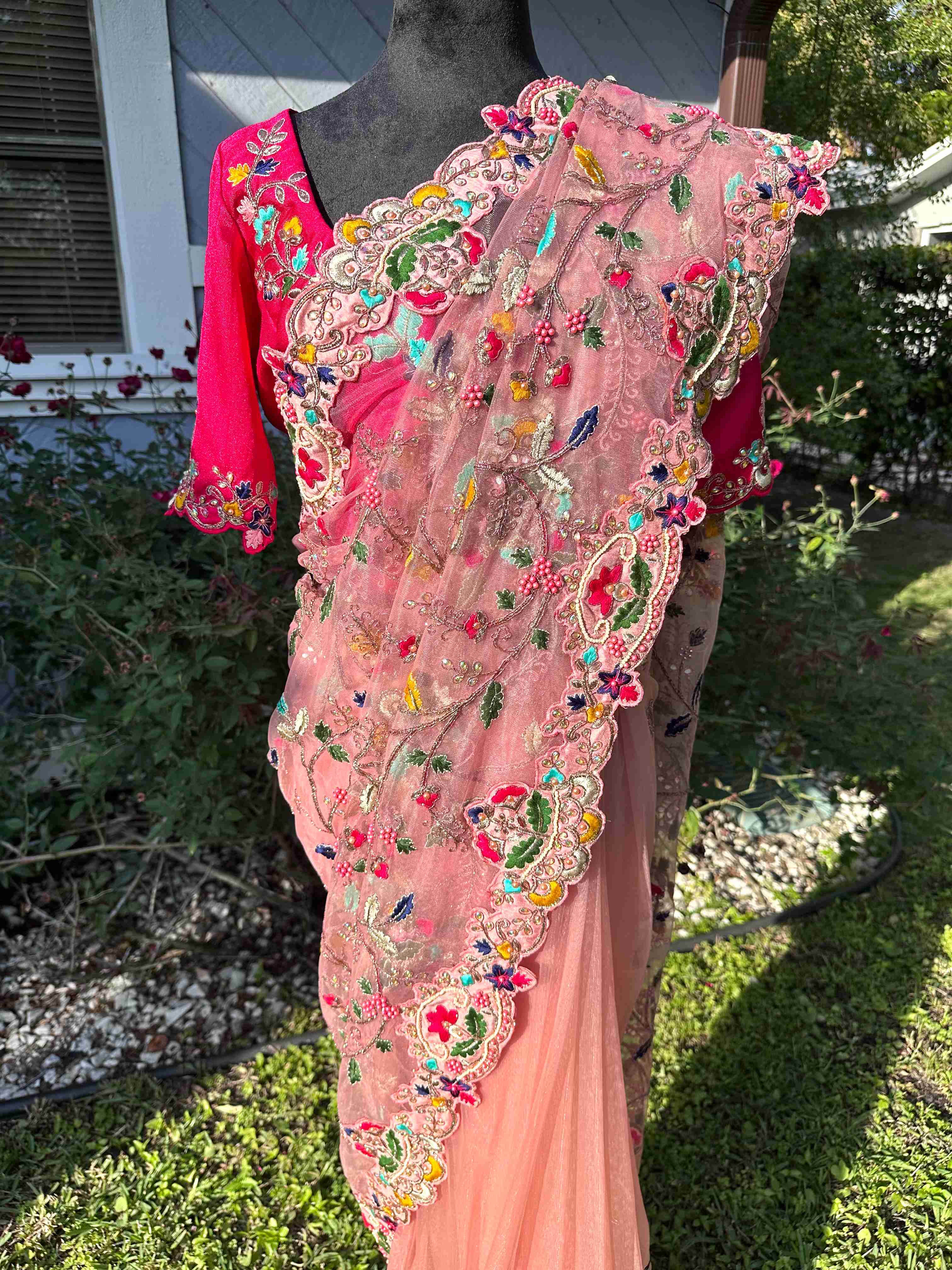 Pink Net Sarees with Embroidery and Stone Work