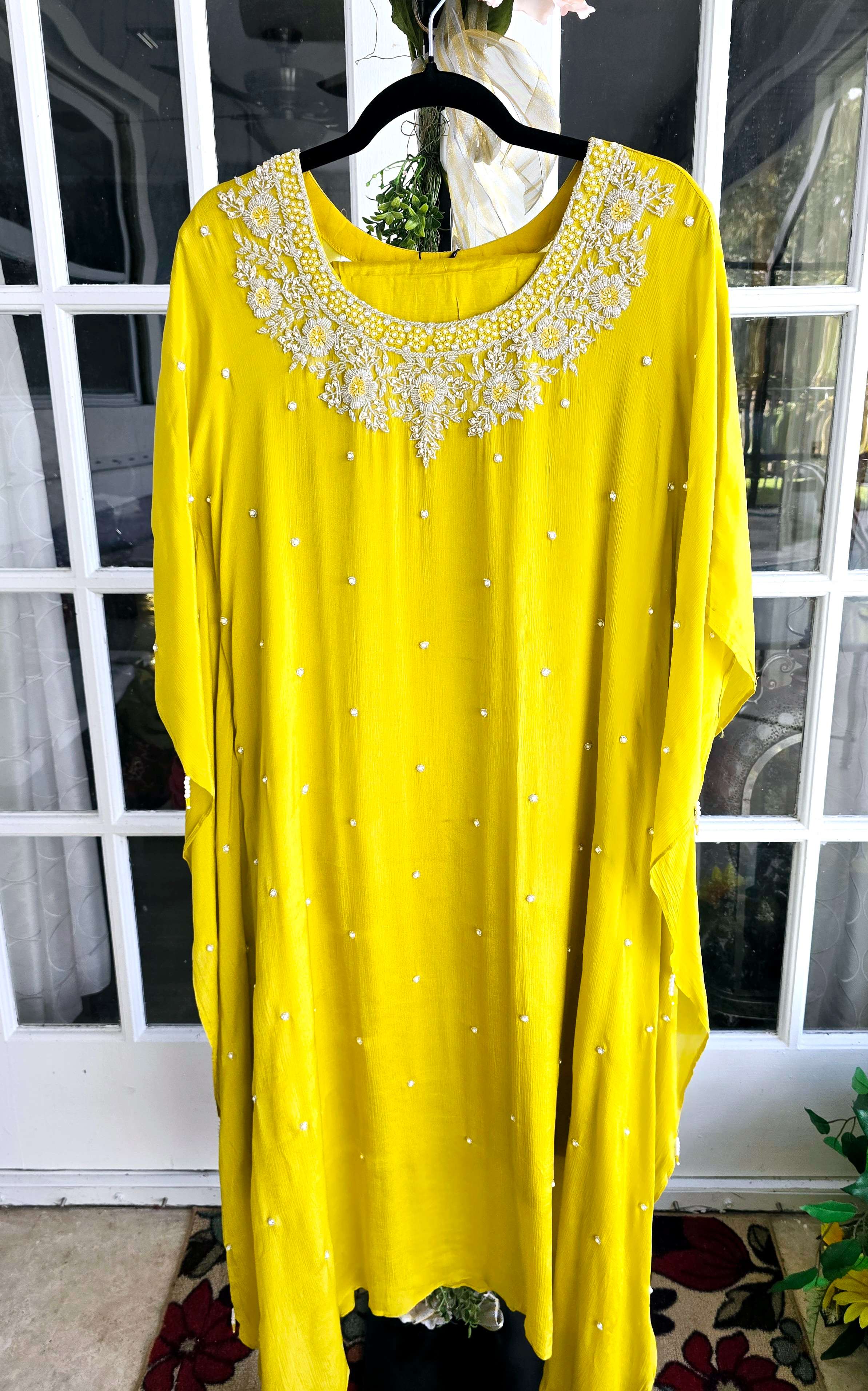 Chiffon Sequin and Beadwork Kaftan Set with Inner and Pant