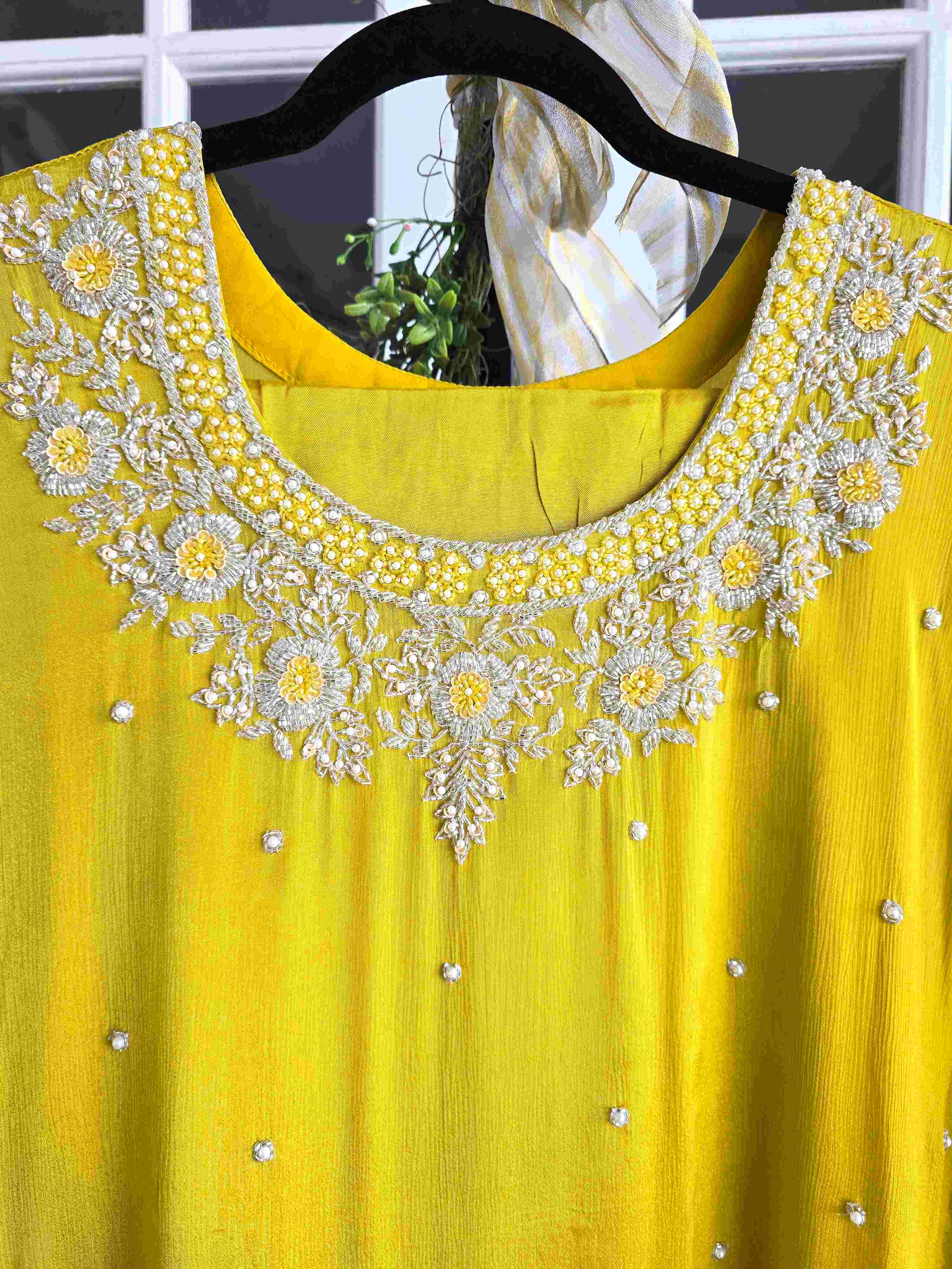 Chiffon Sequin and Beadwork Kaftan Set with Inner and Pant