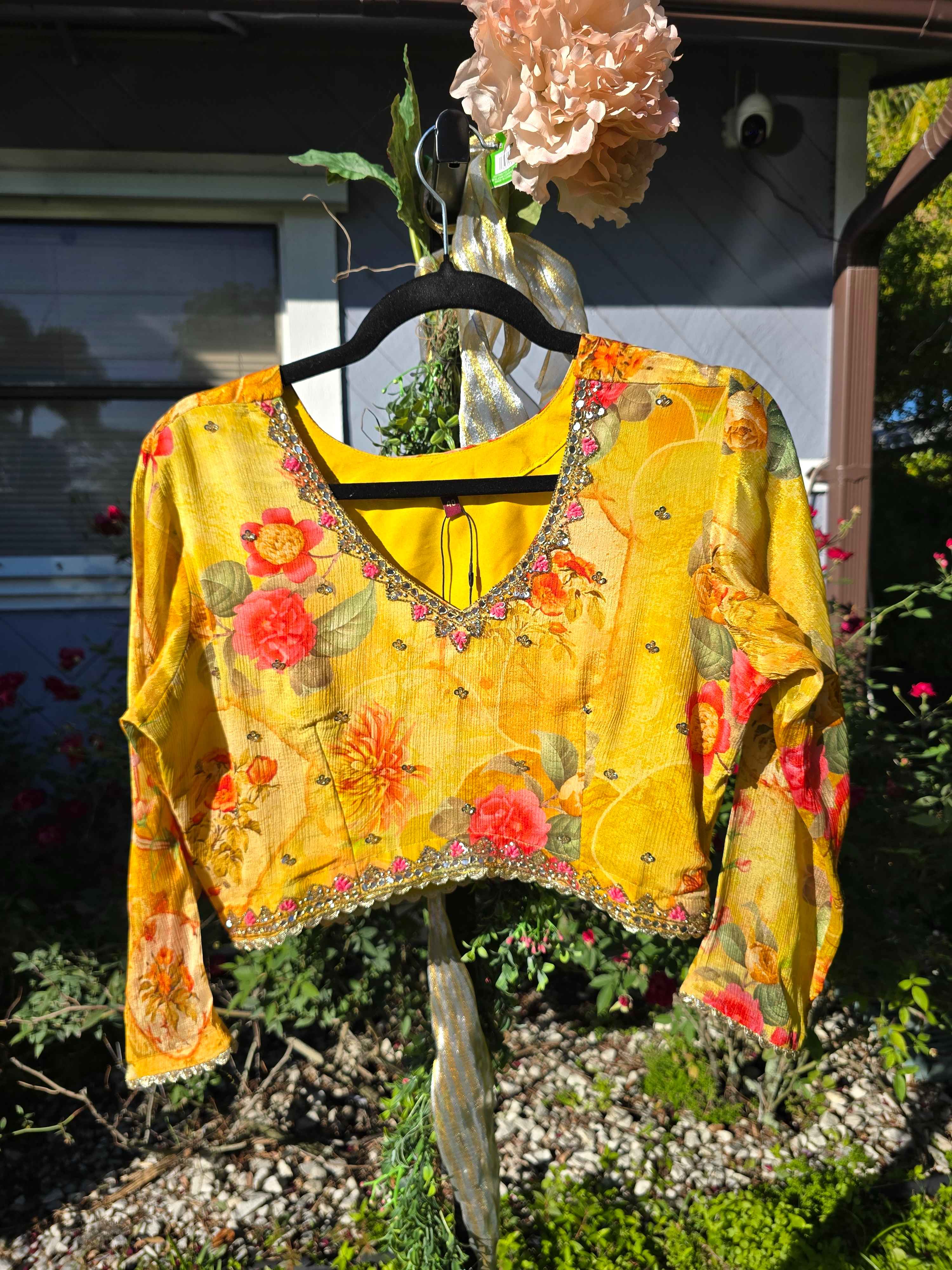 Yellow Floral Crepe Silk Co Ords Set with Mirror and Sequin Work
