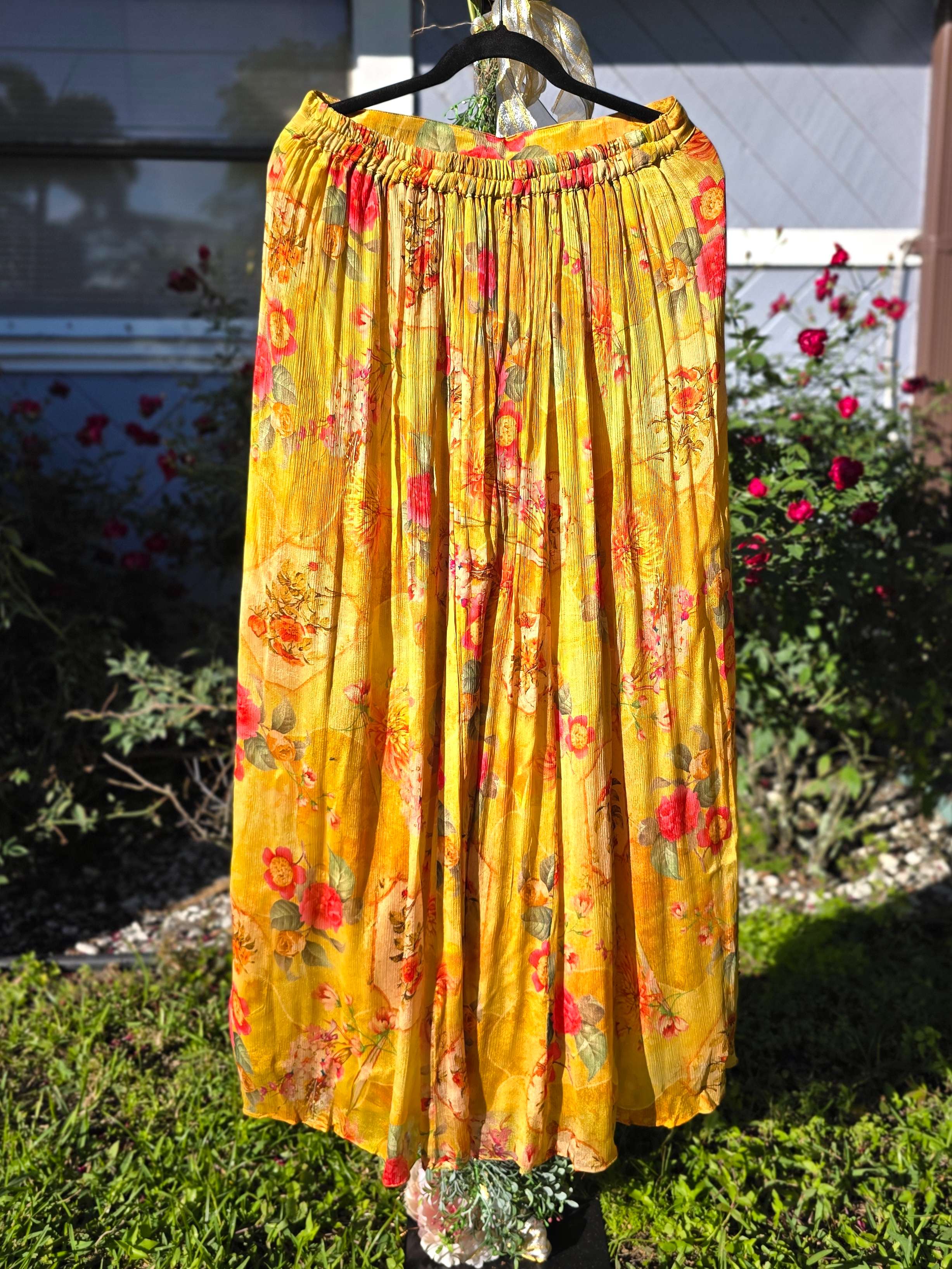 Yellow Floral Crepe Silk Co Ords Set with Mirror and Sequin Work