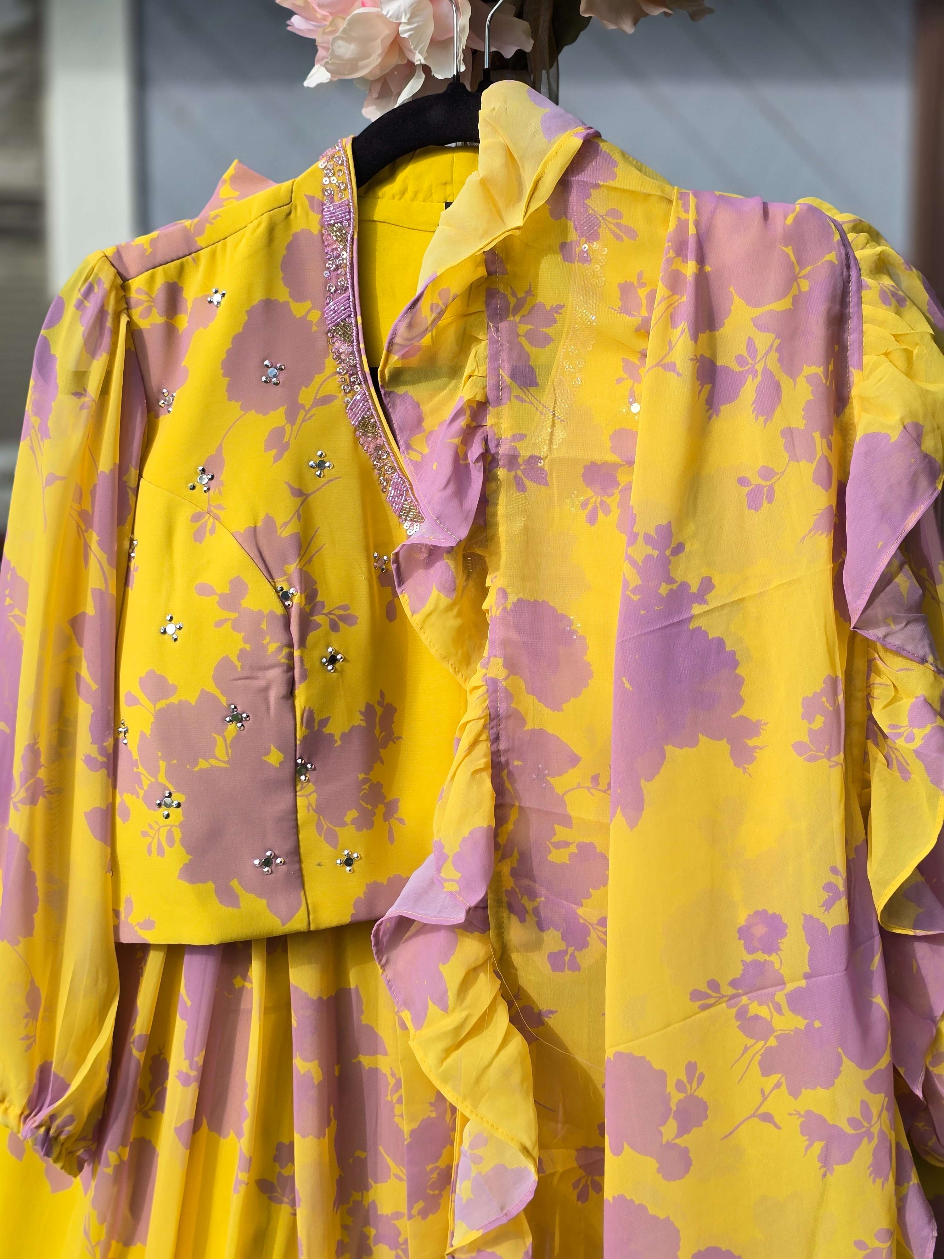 Yellow and Purple Floral Georgette Lehenga with Sequin and Beadwork