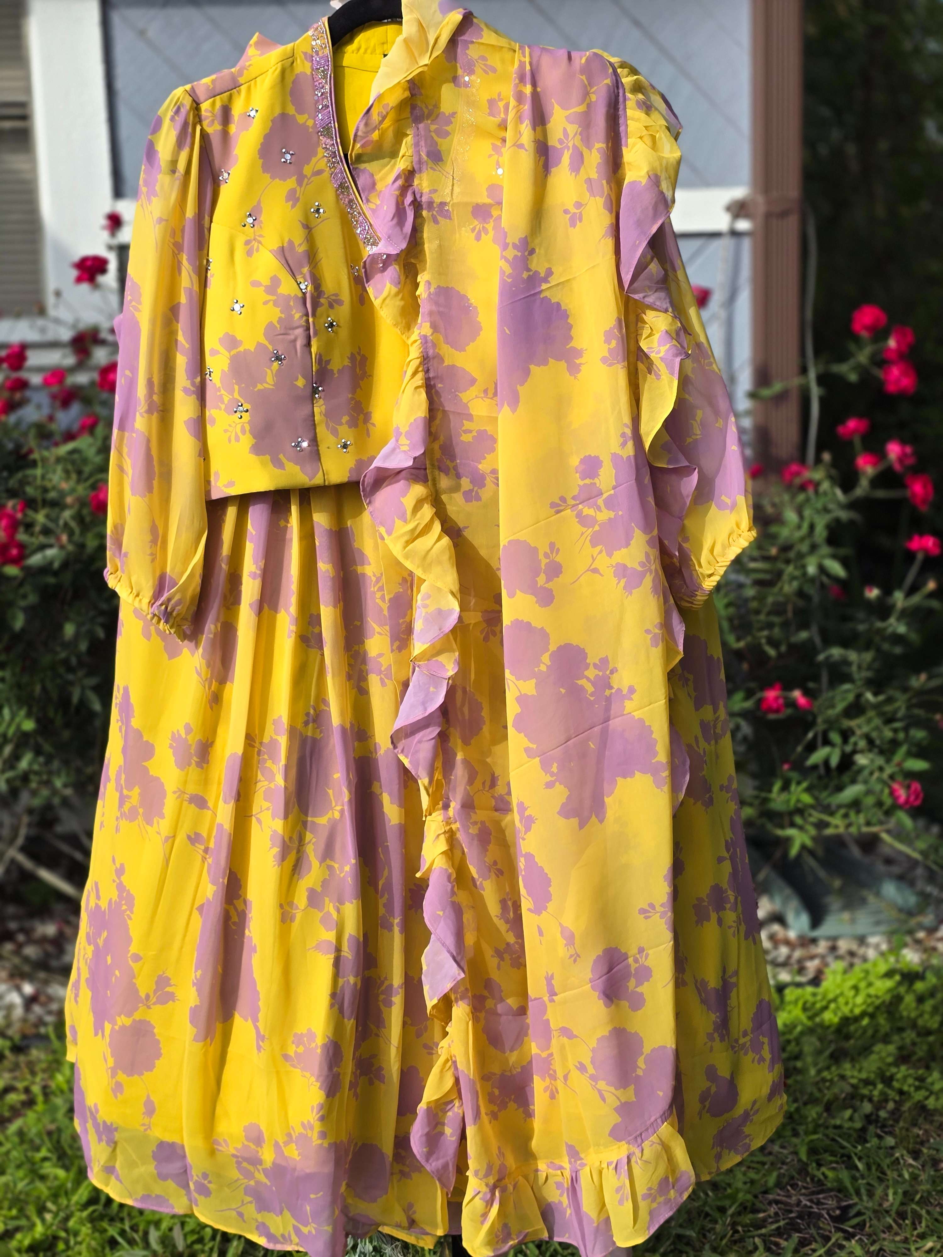 Yellow and Purple Floral Georgette Lehenga with Sequin and Beadwork